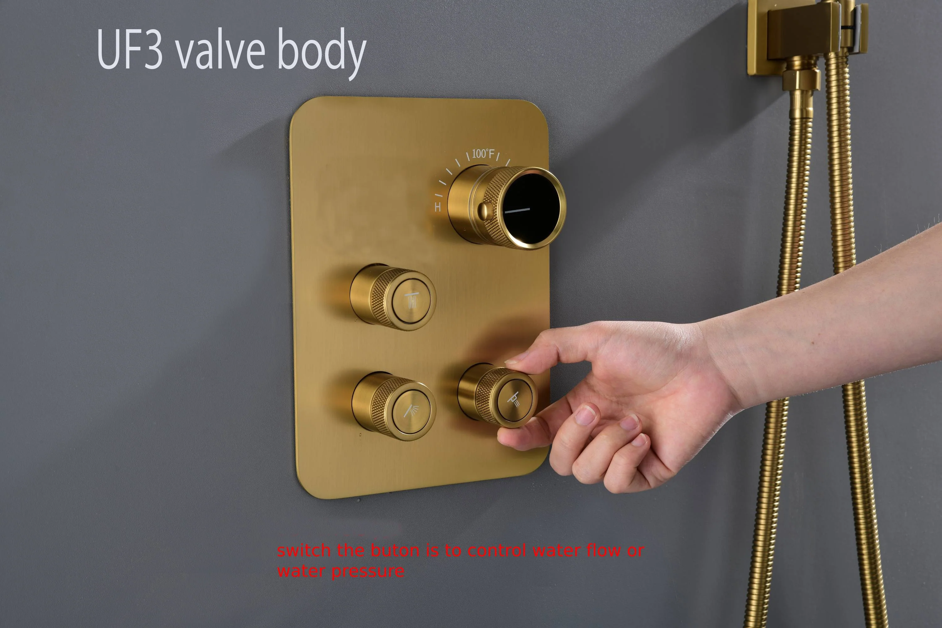 Brushed Gold Ceiling Mount 3-Way Thermostatic Shower Valve System with Waterfall Tub Spout - Simultaneous or Separate Functionality - Image 15