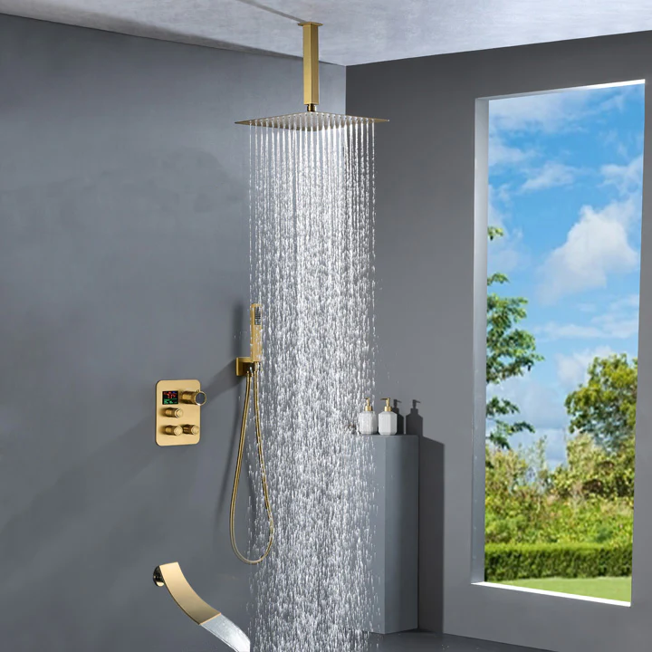 Brushed Gold Ceiling Mount 3-Way Thermostatic Shower Valve System with Waterfall Tub Spout - Simultaneous or Separate Functionality - Image 3