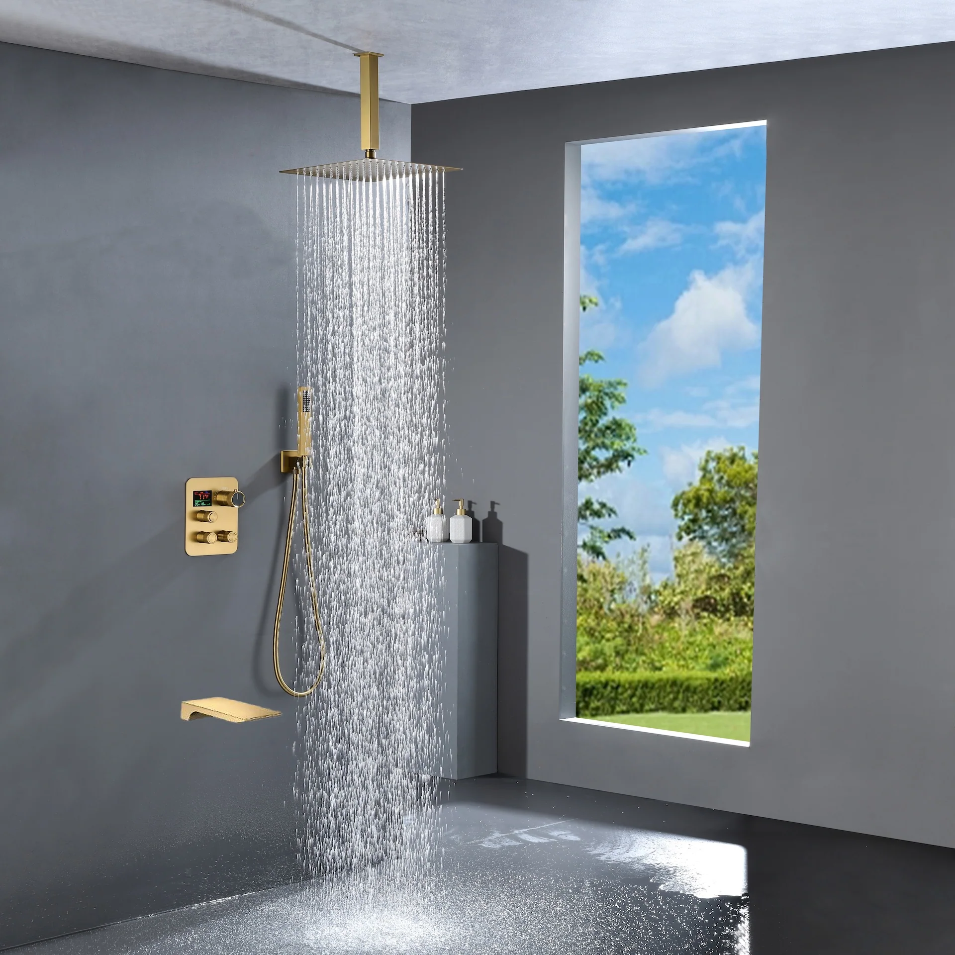 Brushed Gold Ceiling Mount 3-Way Thermostatic Shower Valve System with Waterfall Tub Spout - Simultaneous or Separate Functionality - Image 4