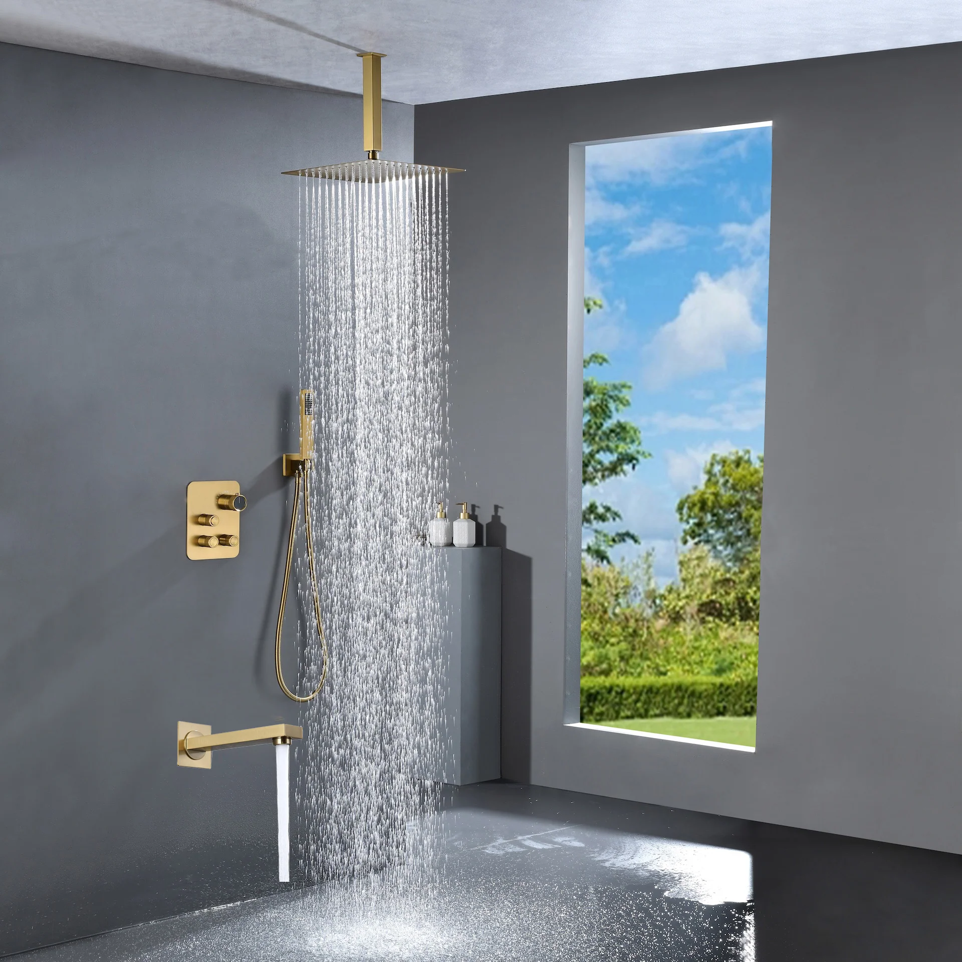 Brushed Gold Ceiling Mount 3-Way Thermostatic Shower Valve System with Waterfall Tub Spout - Simultaneous or Separate Functionality - Image 5