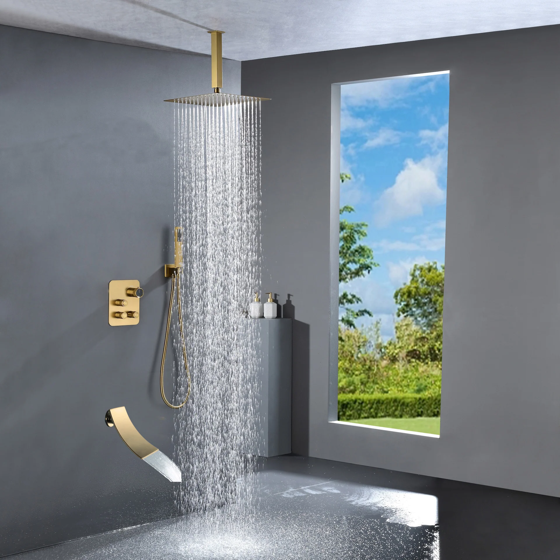 Brushed Gold Ceiling Mount 3-Way Thermostatic Shower Valve System with Waterfall Tub Spout - Simultaneous or Separate Functionality - Image 6