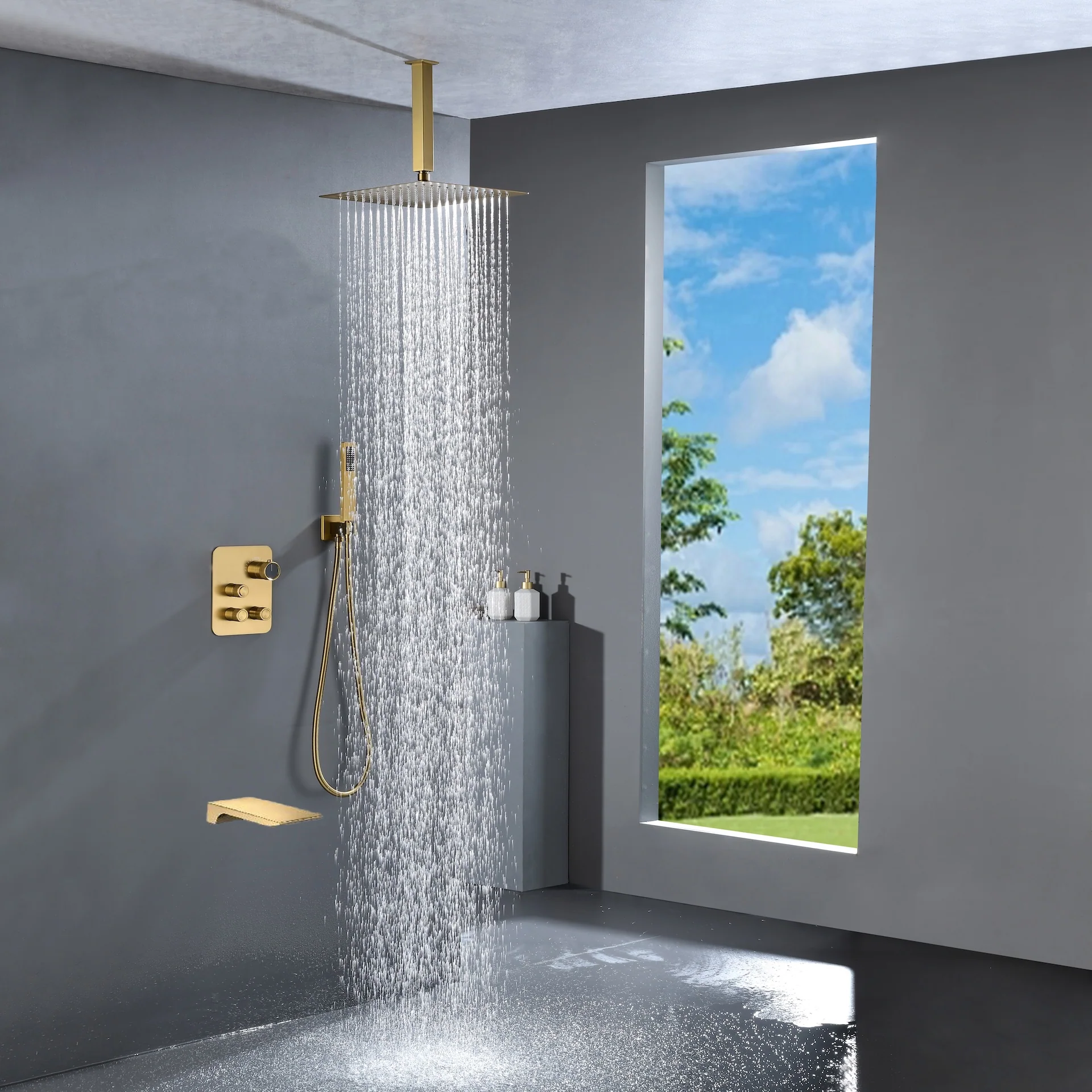 Brushed Gold Ceiling Mount 3-Way Thermostatic Shower Valve System with Waterfall Tub Spout - Simultaneous or Separate Functionality - Image 7