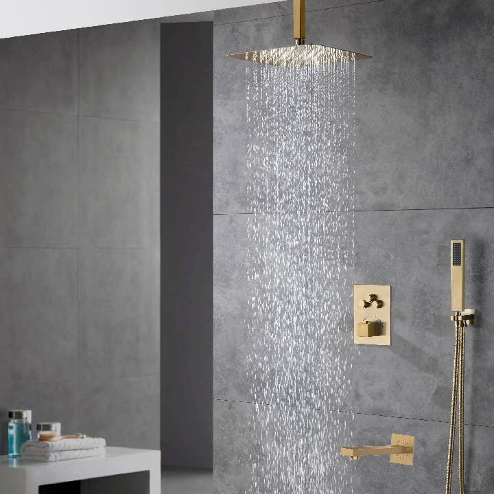 Brushed Gold Ceiling Mount 3-Way Thermostatic Shower Valve System with Waterfall Tub Spout - Simultaneous or Separate Functionality - Image 8