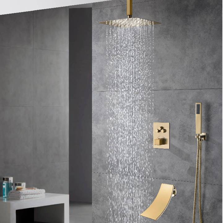 Brushed Gold Ceiling Mount 3-Way Thermostatic Shower Valve System with Waterfall Tub Spout - Simultaneous or Separate Functionality - Image 9
