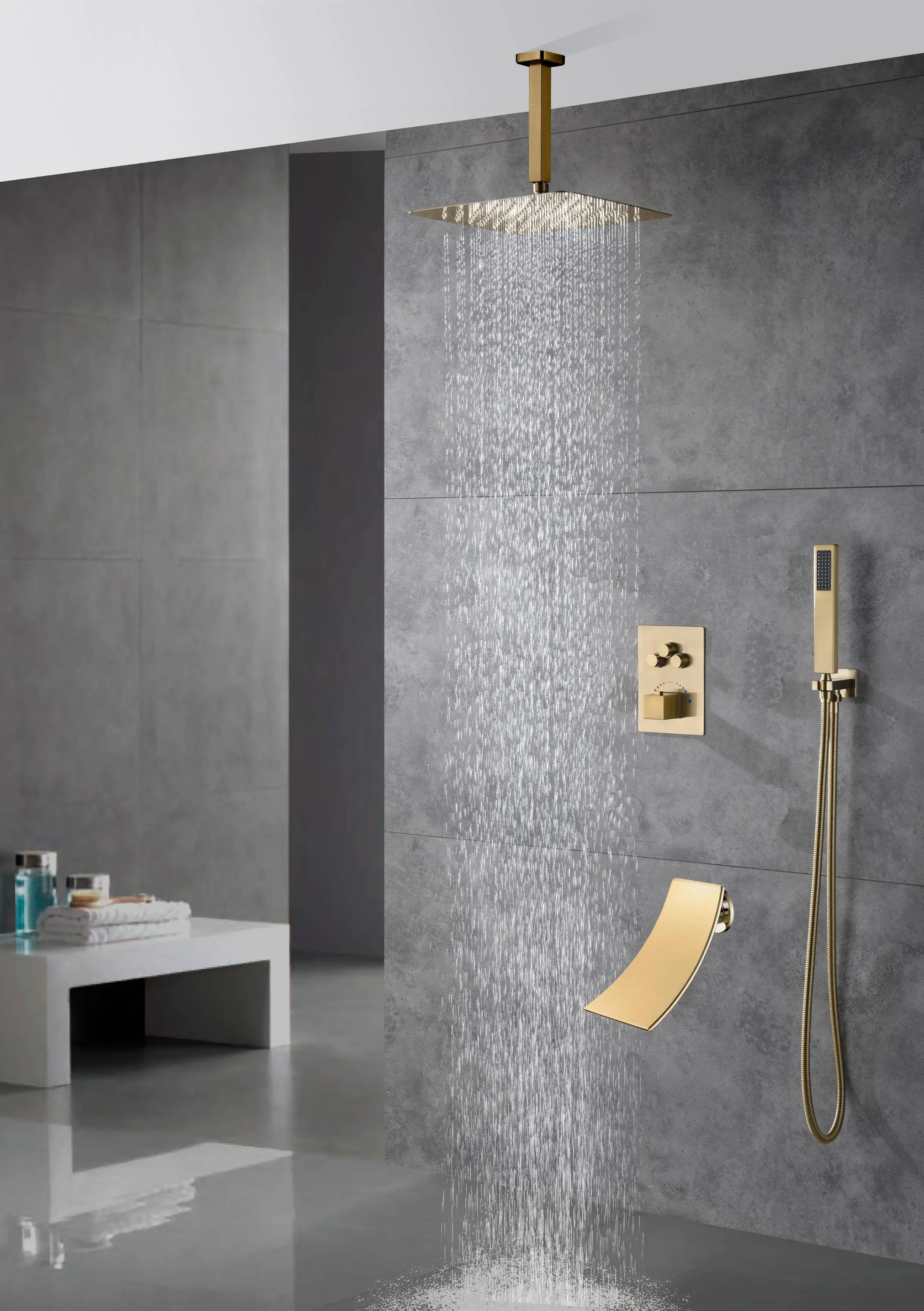 Ceiling-Mounted Brushed Gold 3 Way Thermostatic Shower System with 12" or 16" Rainfall Head, Multifunction and Tub Spout - Image 2