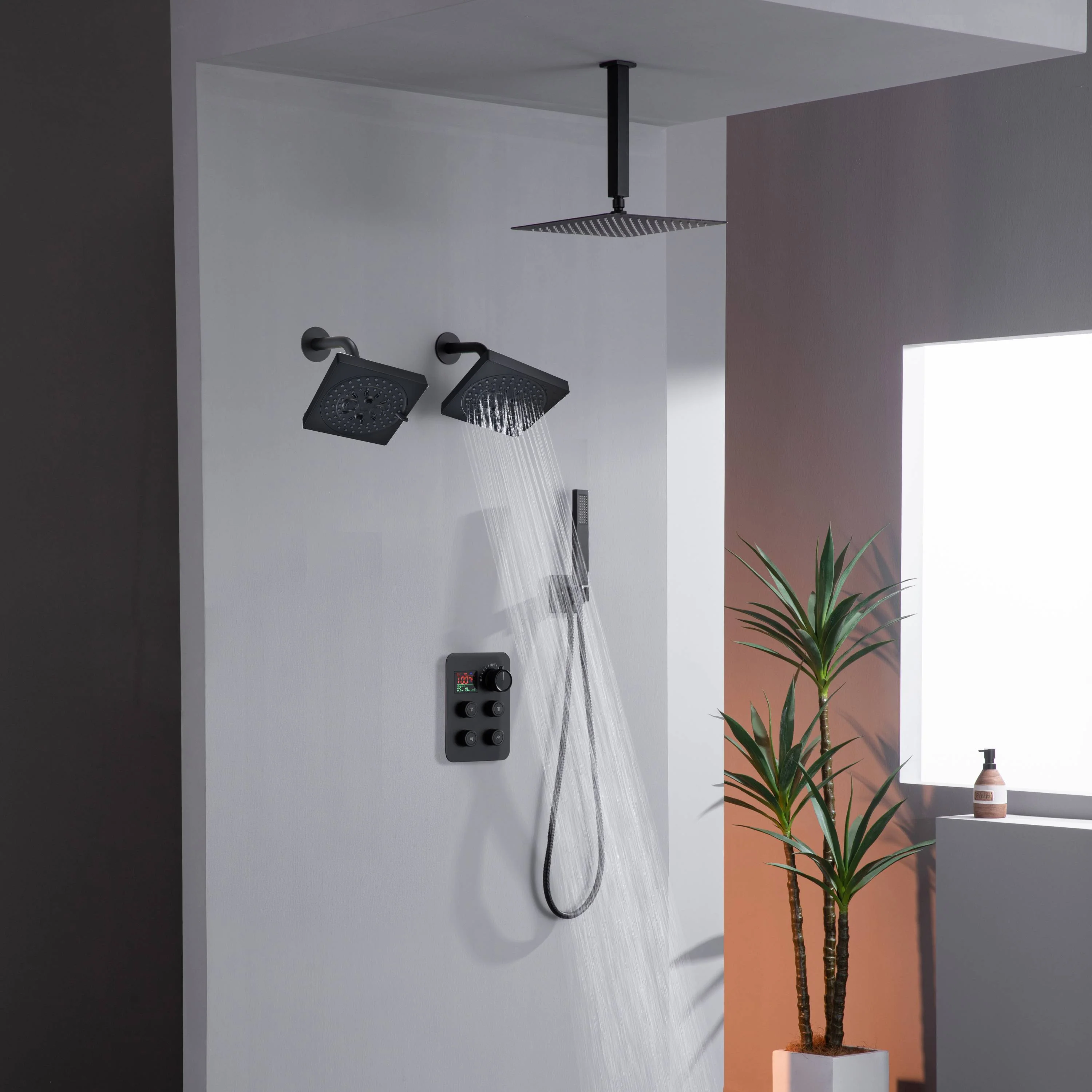 Matte Black Ceiling Mount 4-Way Digital Thermostatic Shower Faucet with Dual 6" Regular Head - Image 2