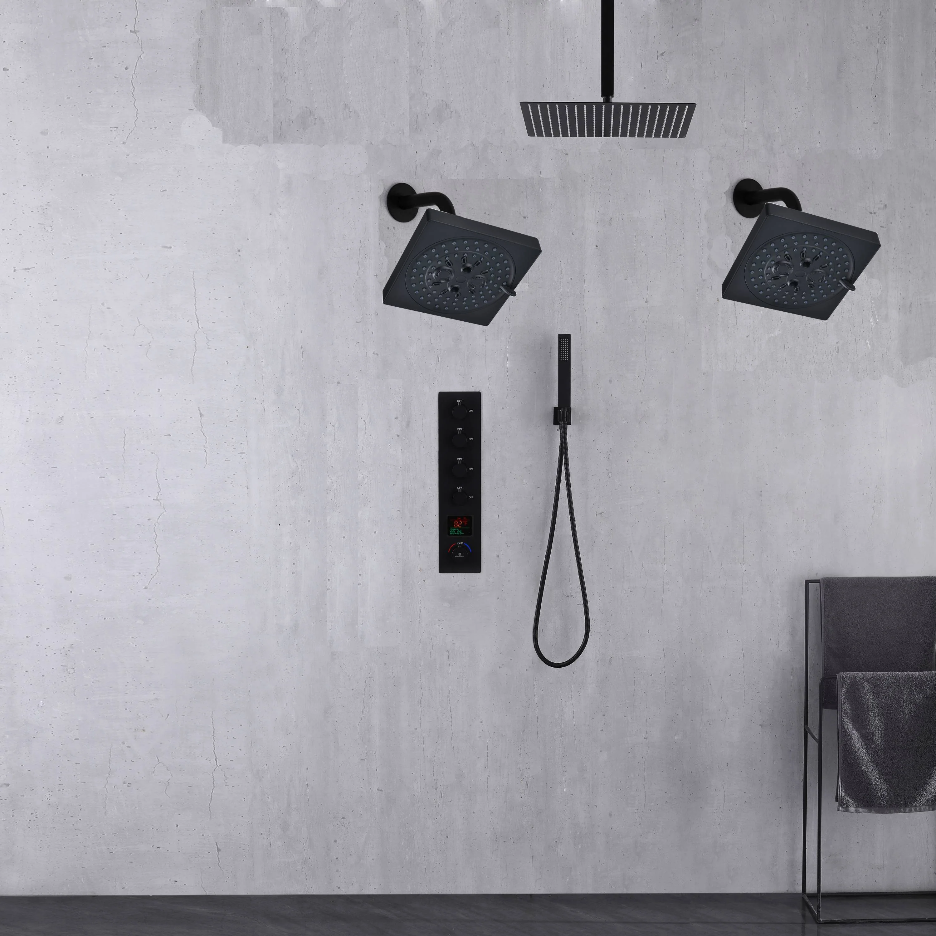 Matte Black Ceiling Mount 4-Way Digital Thermostatic Shower Faucet with Dual 6" Regular Head - Image 3