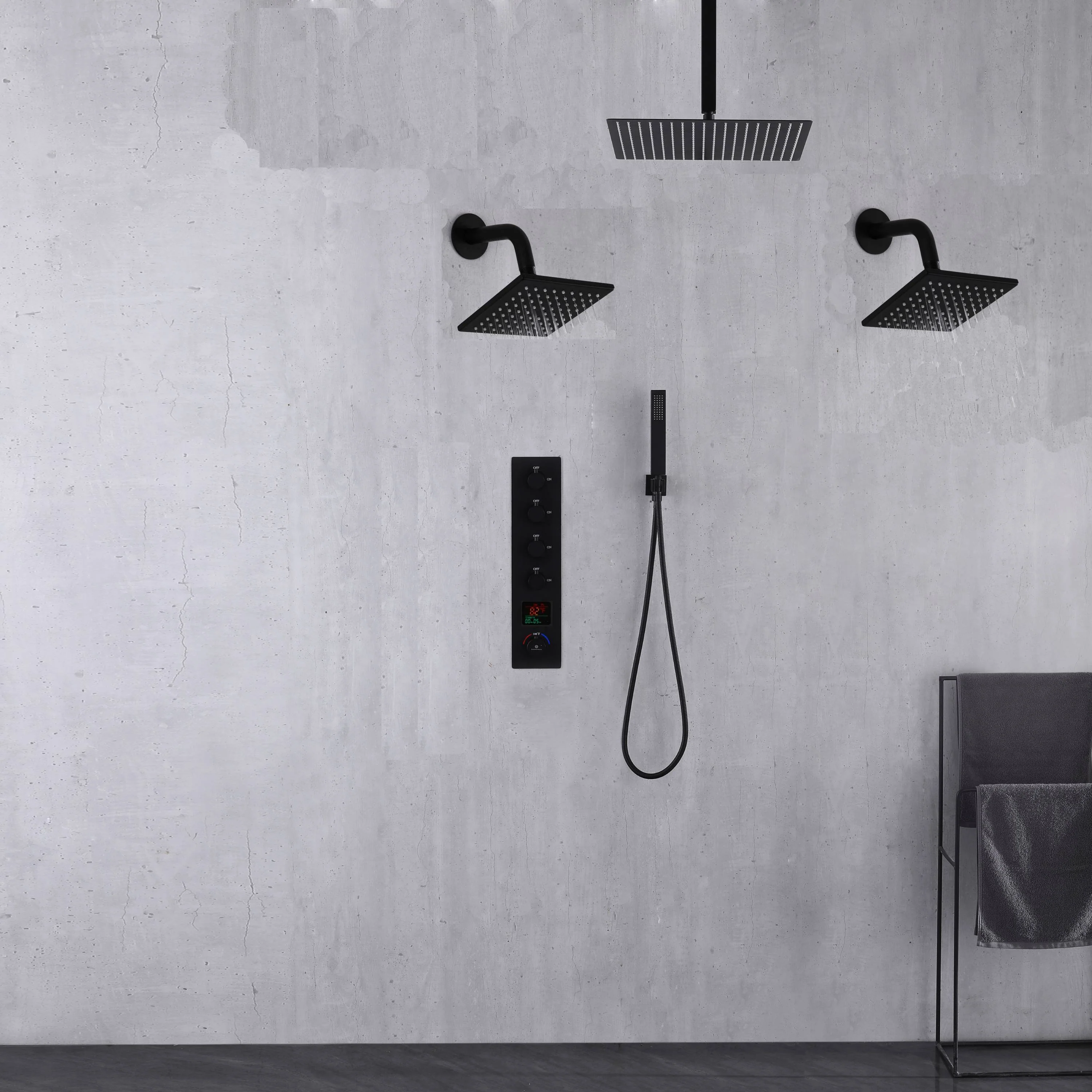 Matte Black Ceiling Mount 4-Way Digital Thermostatic Shower Faucet with Dual 6" Regular Head - Image 4
