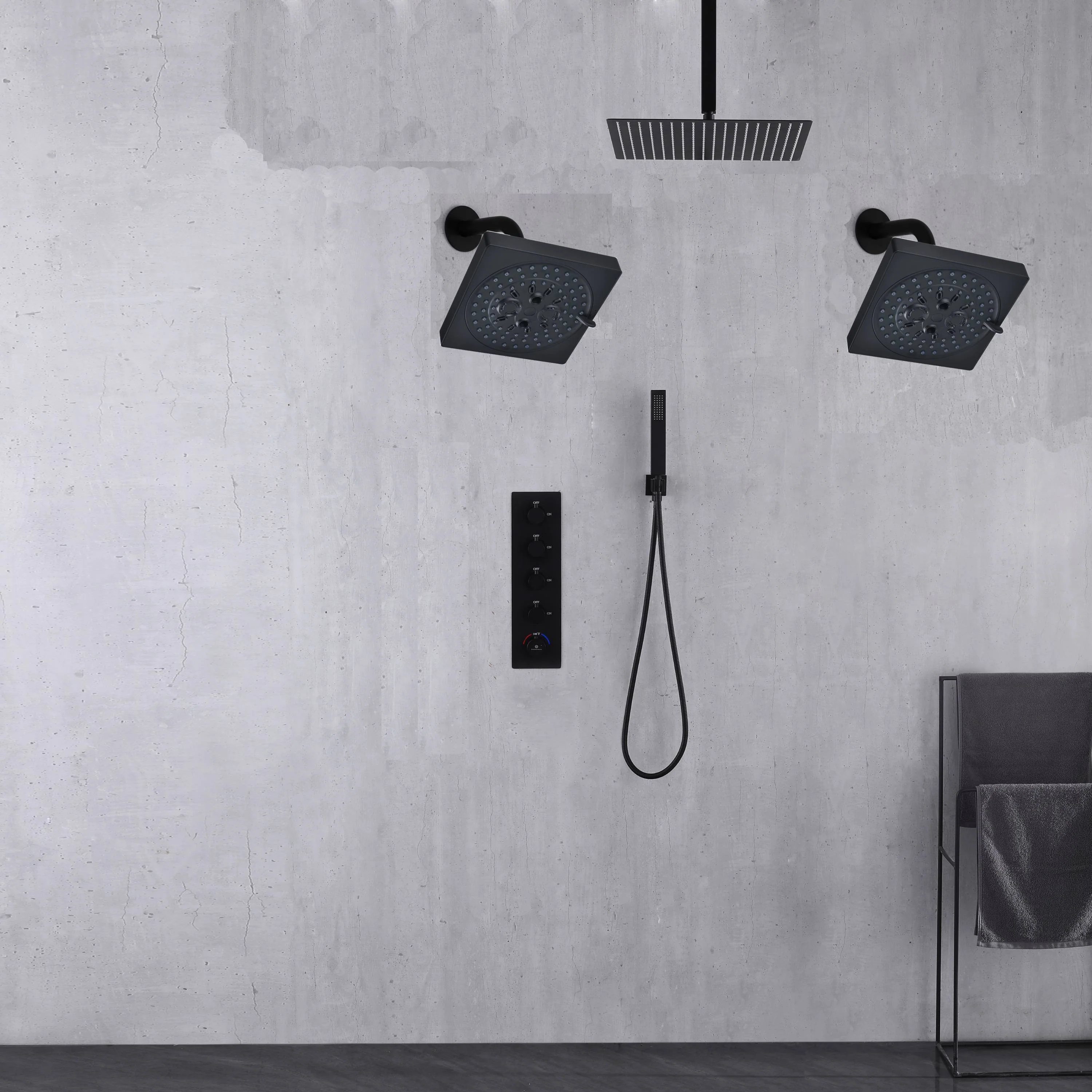 Matte Black Ceiling Mount 4-Way Digital Thermostatic Shower Faucet with Dual 6" Regular Head - Image 6