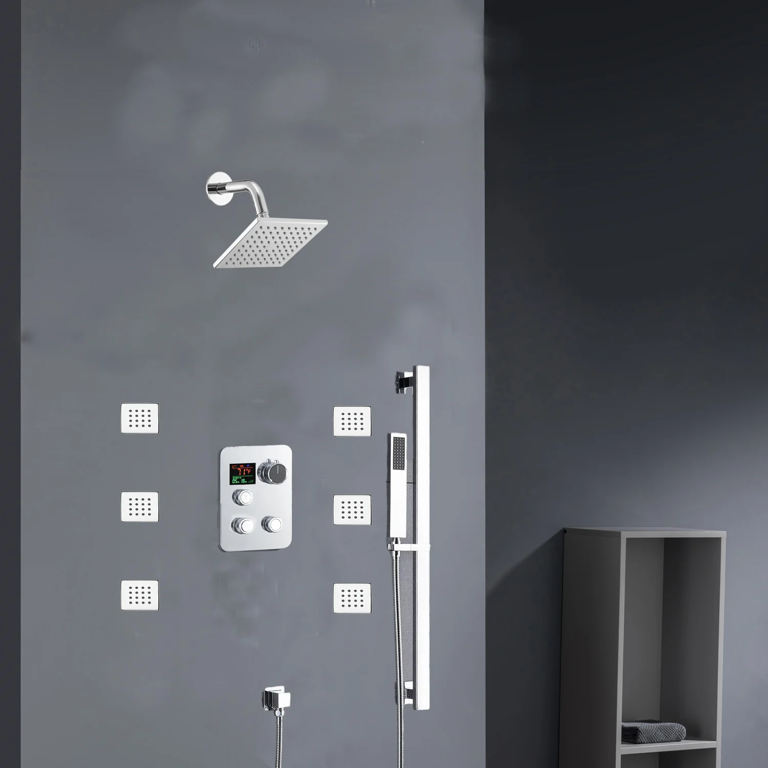Chrome 12inch LED light or 6 inch regular head Wall mount 3 way thermostatic shower faucet with 6 body jets and sliding bar - Image 10