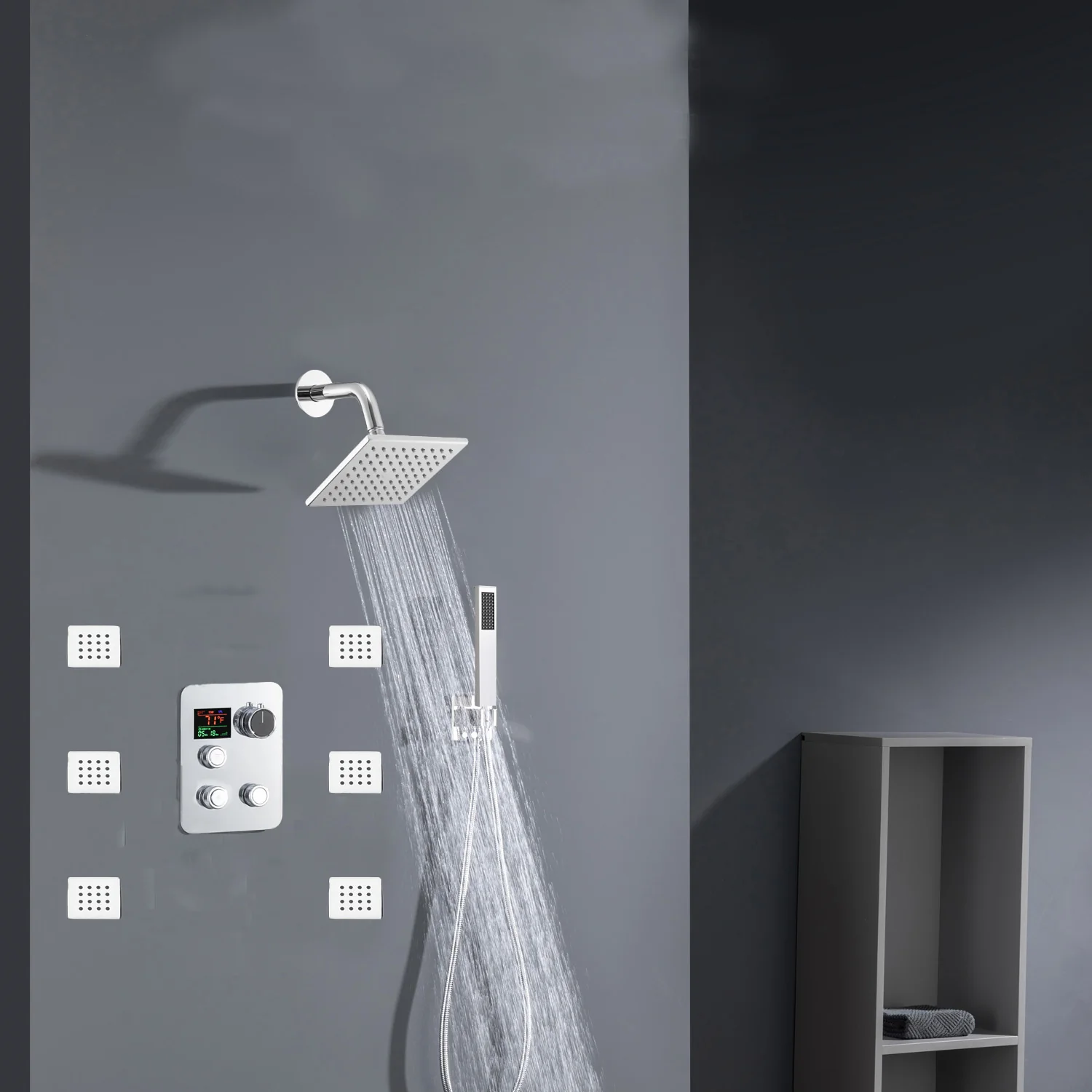 Chrome 12inch LED light or 6 inch regular head Wall mount 3 way thermostatic shower faucet with 6 body jets and sliding bar - Image 11