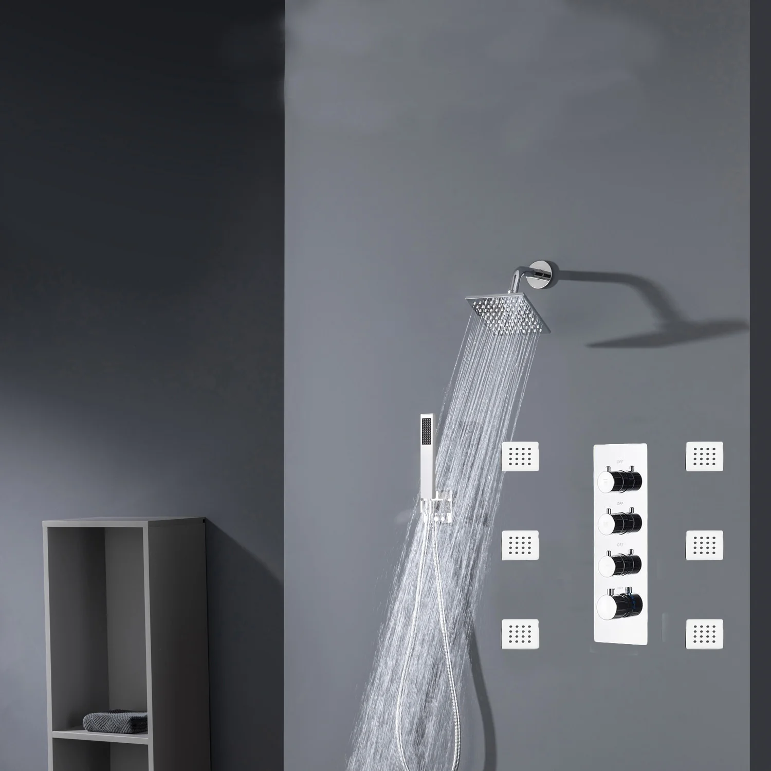 Chrome 12inch LED light or 6 inch regular head Wall mount 3 way thermostatic shower faucet with 6 body jets and sliding bar - Image 12
