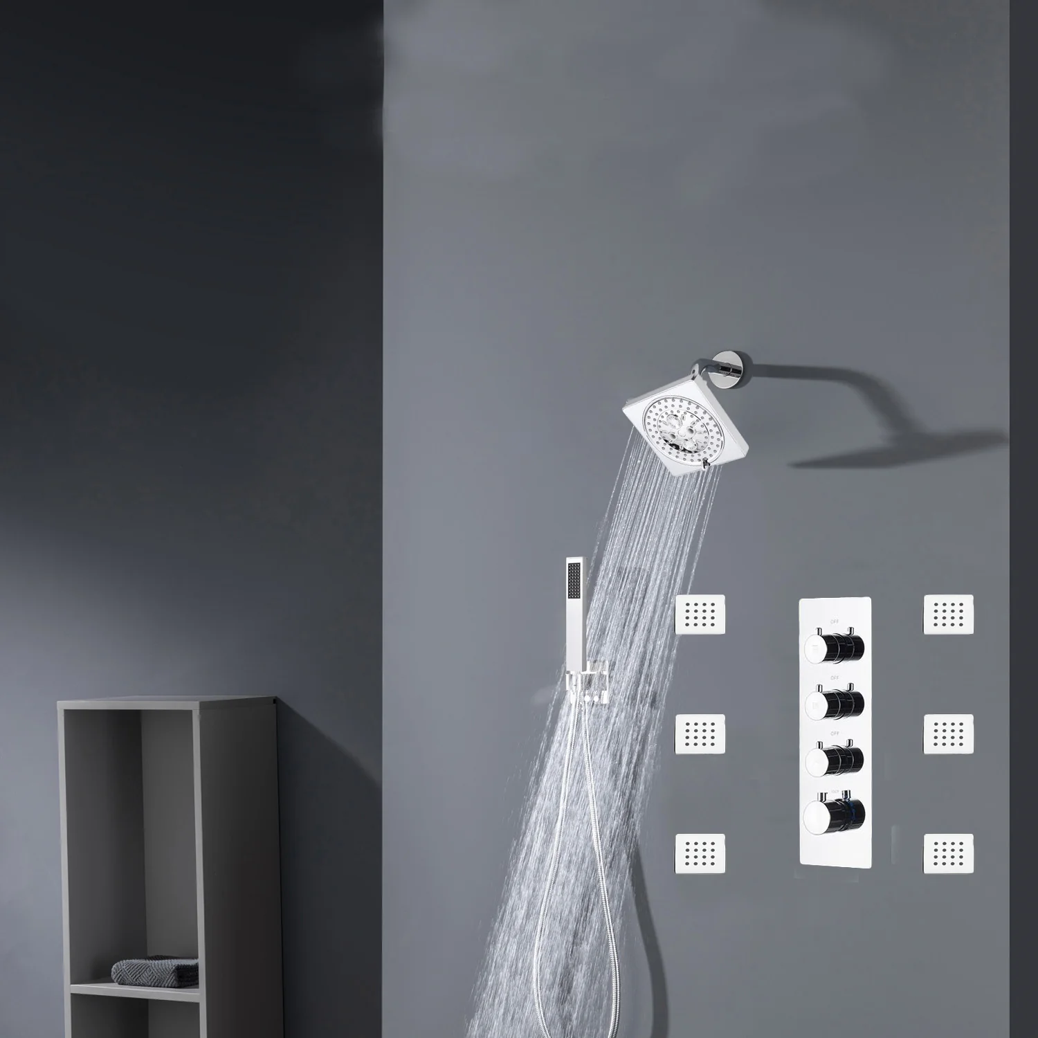 Chrome 12inch LED light or 6 inch regular head Wall mount 3 way thermostatic shower faucet with 6 body jets and sliding bar - Image 13