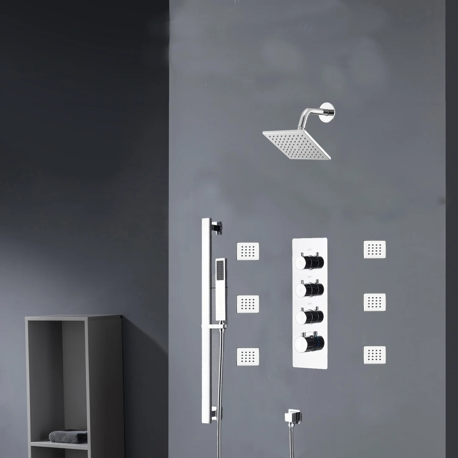 Chrome 12inch LED light or 6 inch regular head Wall mount 3 way thermostatic shower faucet with 6 body jets and sliding bar - Image 14