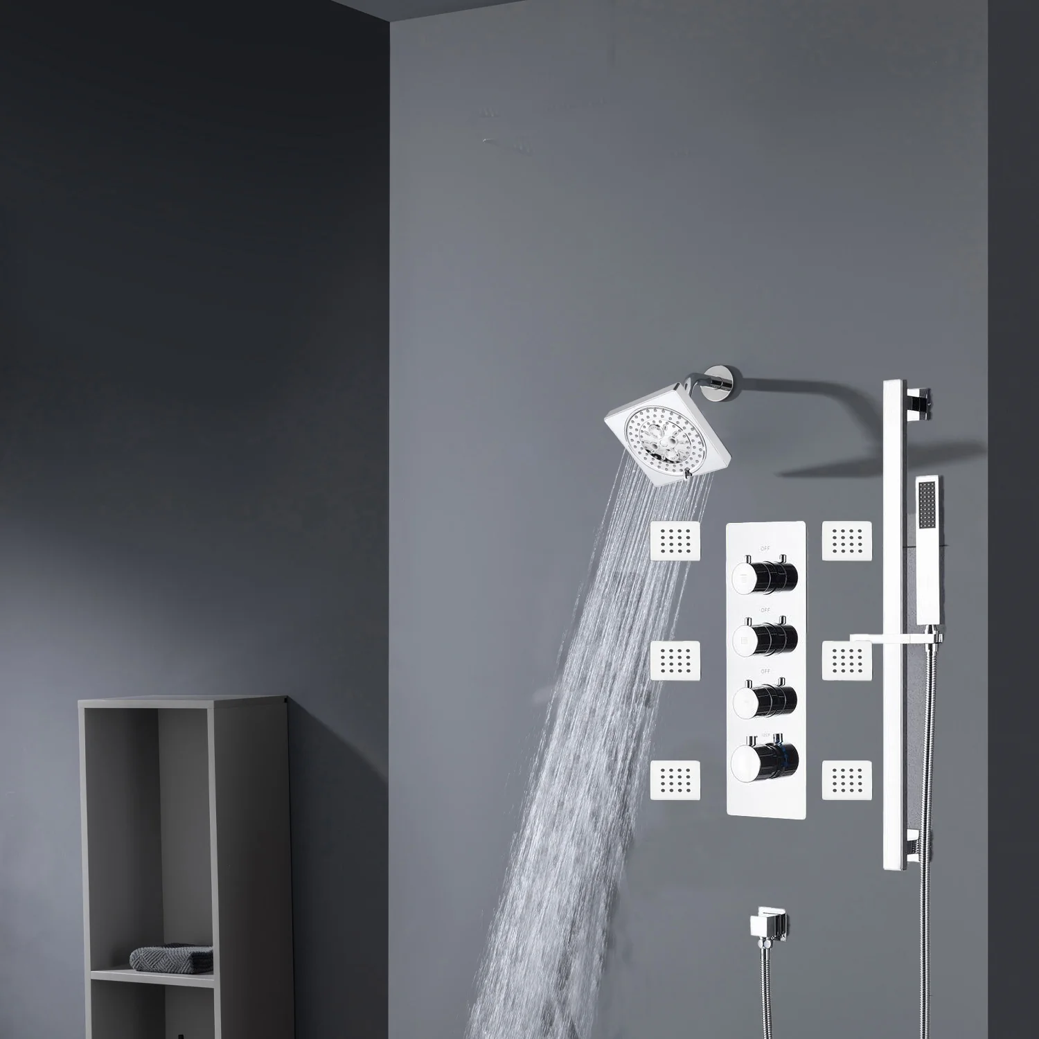 Chrome 12inch LED light or 6 inch regular head Wall mount 3 way thermostatic shower faucet with 6 body jets and sliding bar - Image 15