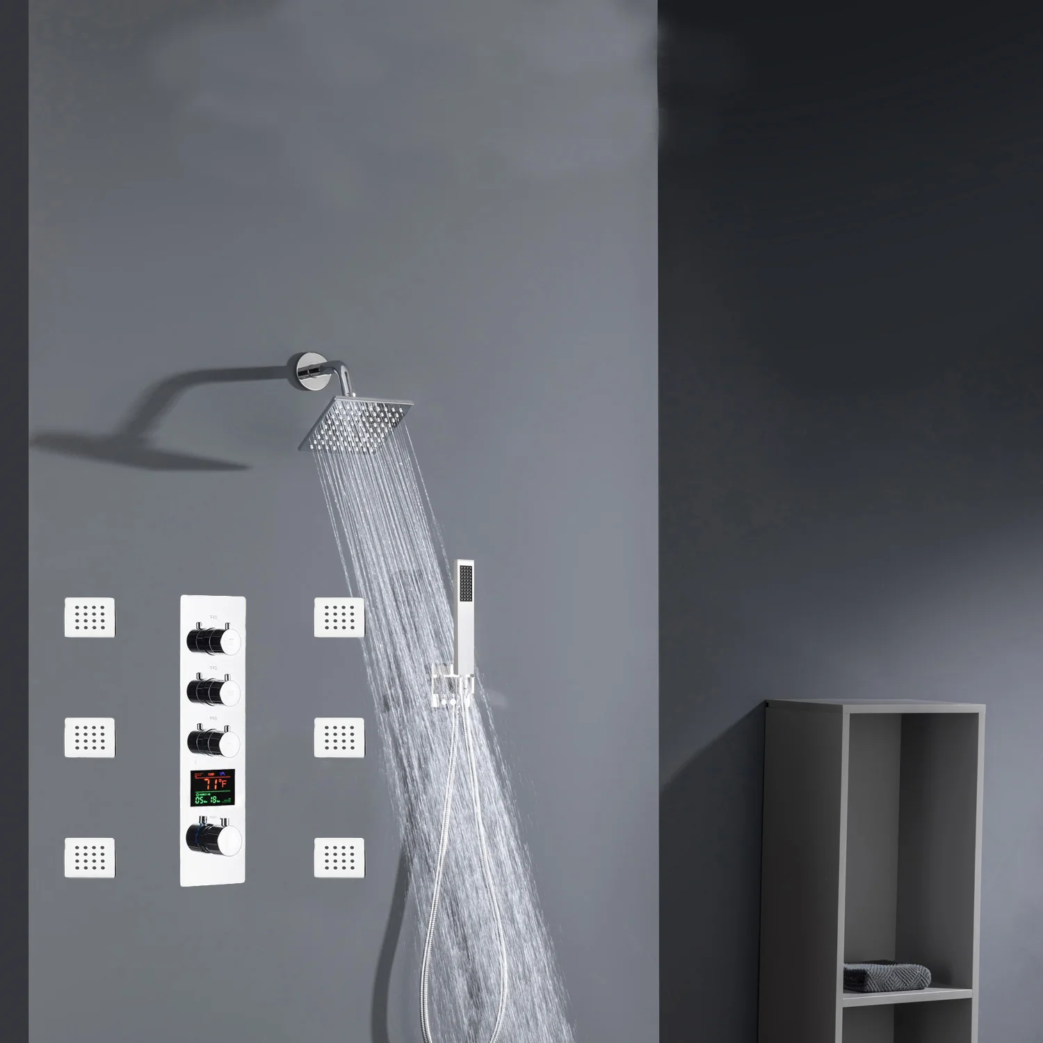 Chrome 12inch LED light or 6 inch regular head Wall mount 3 way thermostatic shower faucet with 6 body jets and sliding bar - Image 17