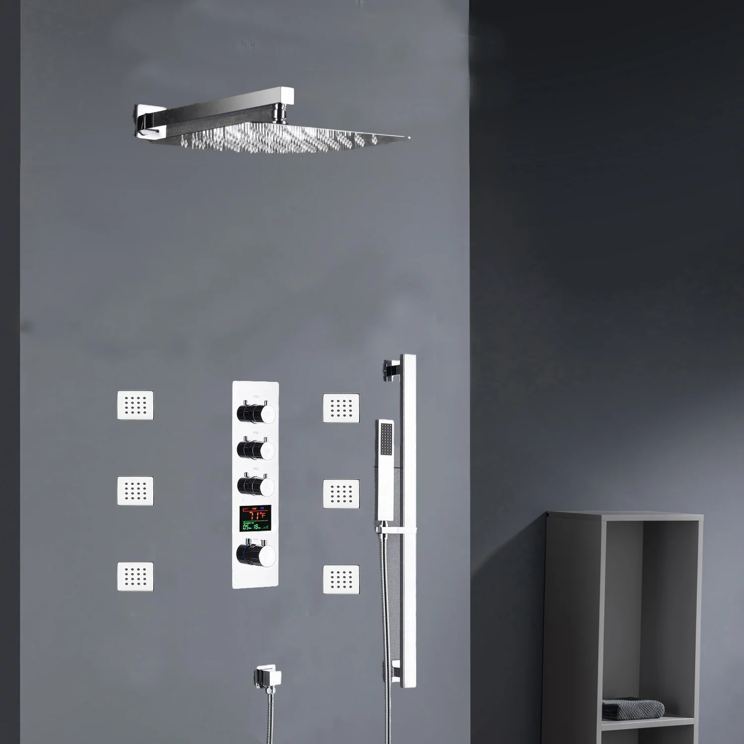 Chrome 12inch LED light or 6 inch regular head Wall mount 3 way thermostatic shower faucet with 6 body jets and sliding bar - Image 18