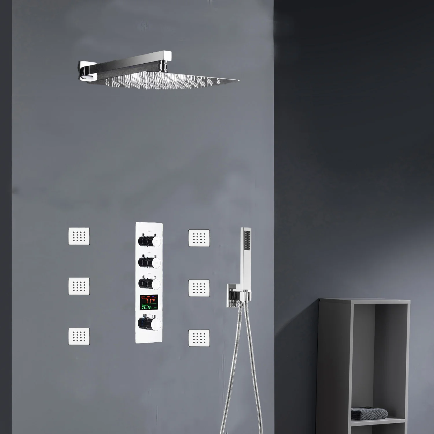 Chrome 12inch LED light or 6 inch regular head Wall mount 3 way thermostatic shower faucet with 6 body jets and sliding bar - Image 19