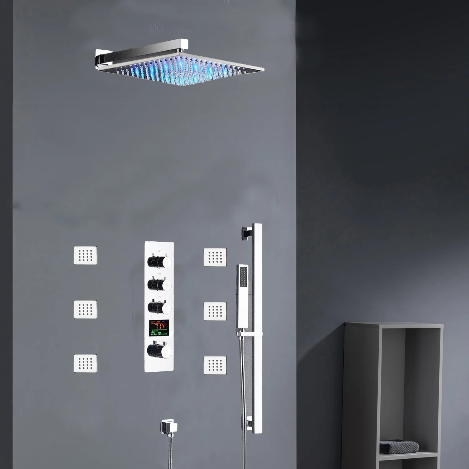 Chrome 12inch LED light or 6 inch regular head Wall mount 3 way thermostatic shower faucet with 6 body jets and sliding bar - Image 20