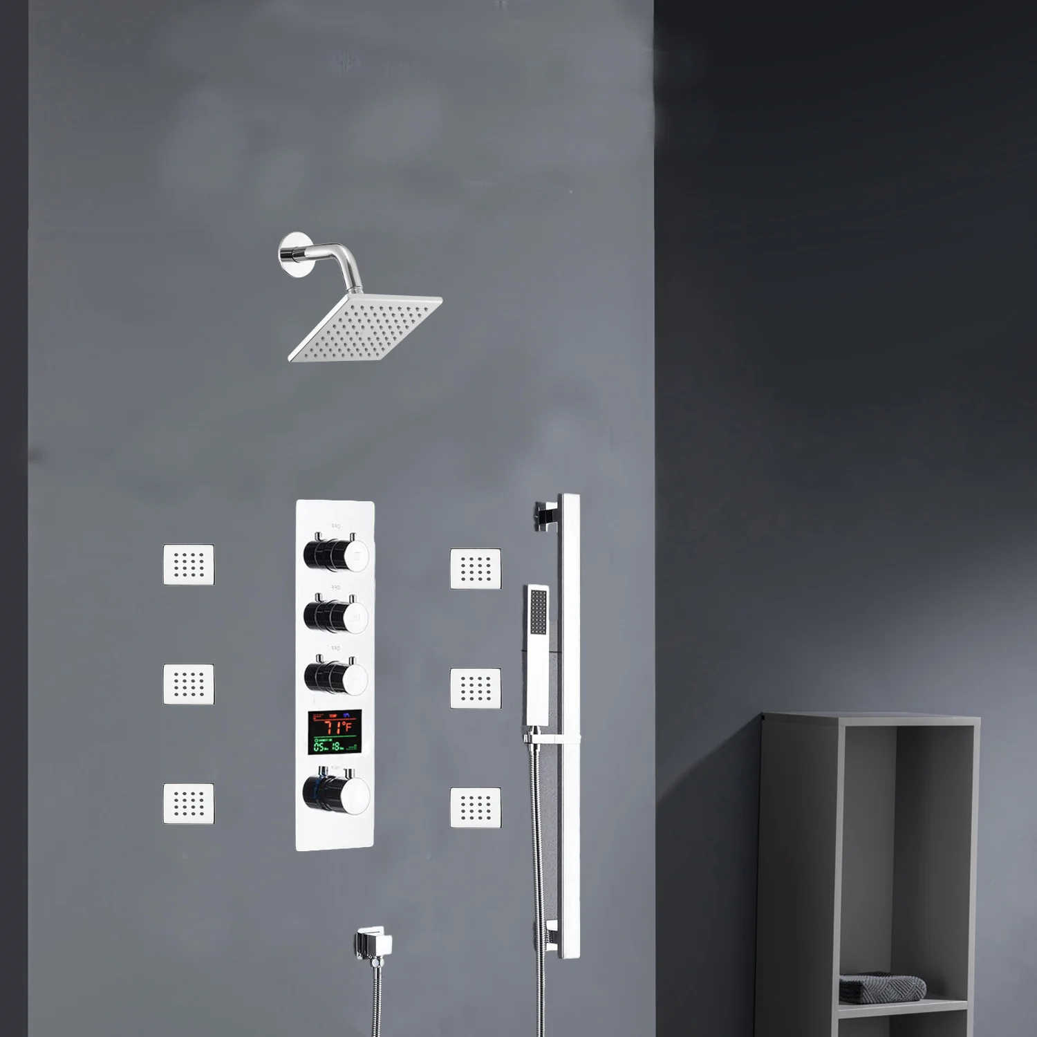 Chrome 12inch LED light or 6 inch regular head Wall mount 3 way thermostatic shower faucet with 6 body jets and sliding bar - Image 21