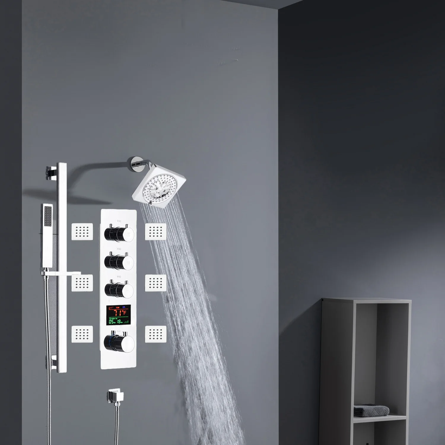 Chrome 12inch LED light or 6 inch regular head Wall mount 3 way thermostatic shower faucet with 6 body jets and sliding bar - Image 22