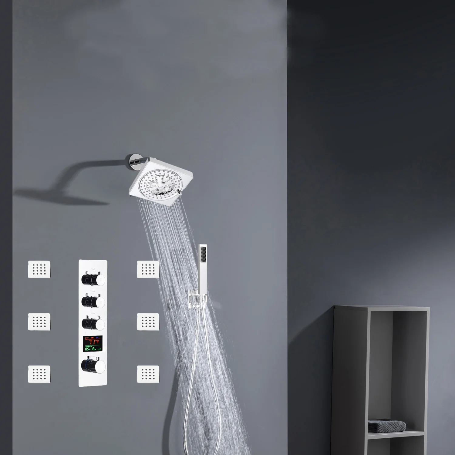 Chrome 12inch LED light or 6 inch regular head Wall mount 3 way thermostatic shower faucet with 6 body jets and sliding bar - Image 23