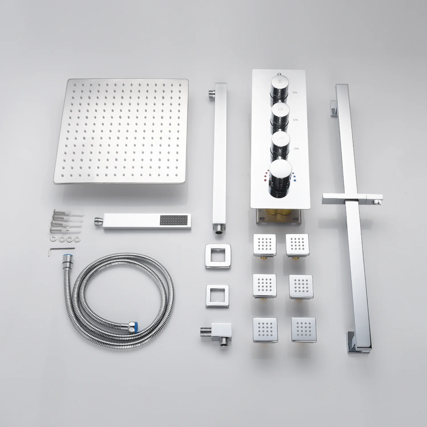 Chrome 12inch LED light or 6 inch regular head Wall mount 3 way thermostatic shower faucet with 6 body jets and sliding bar - Image 26