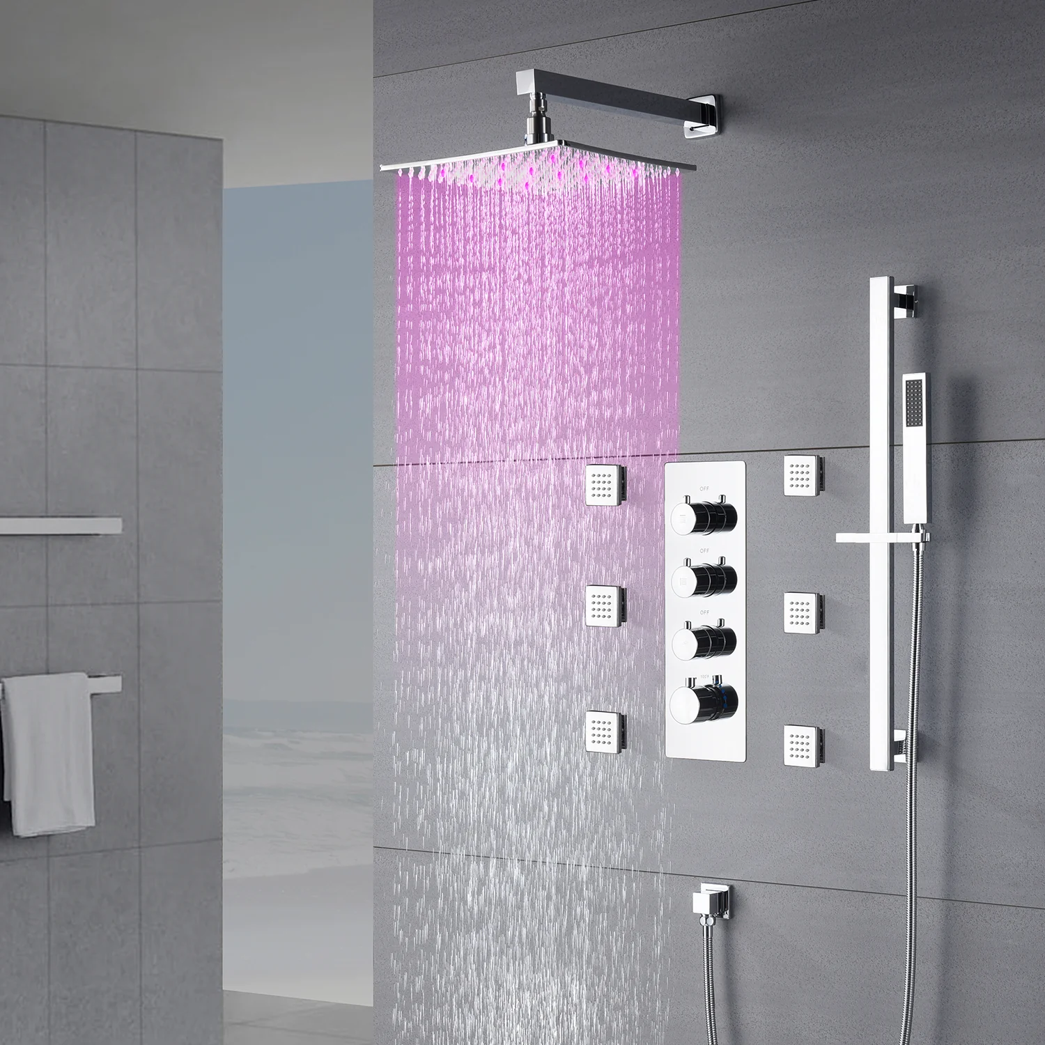Chrome 12inch LED light or 6 inch regular head Wall mount 3 way thermostatic shower faucet with 6 body jets and sliding bar - Image 3