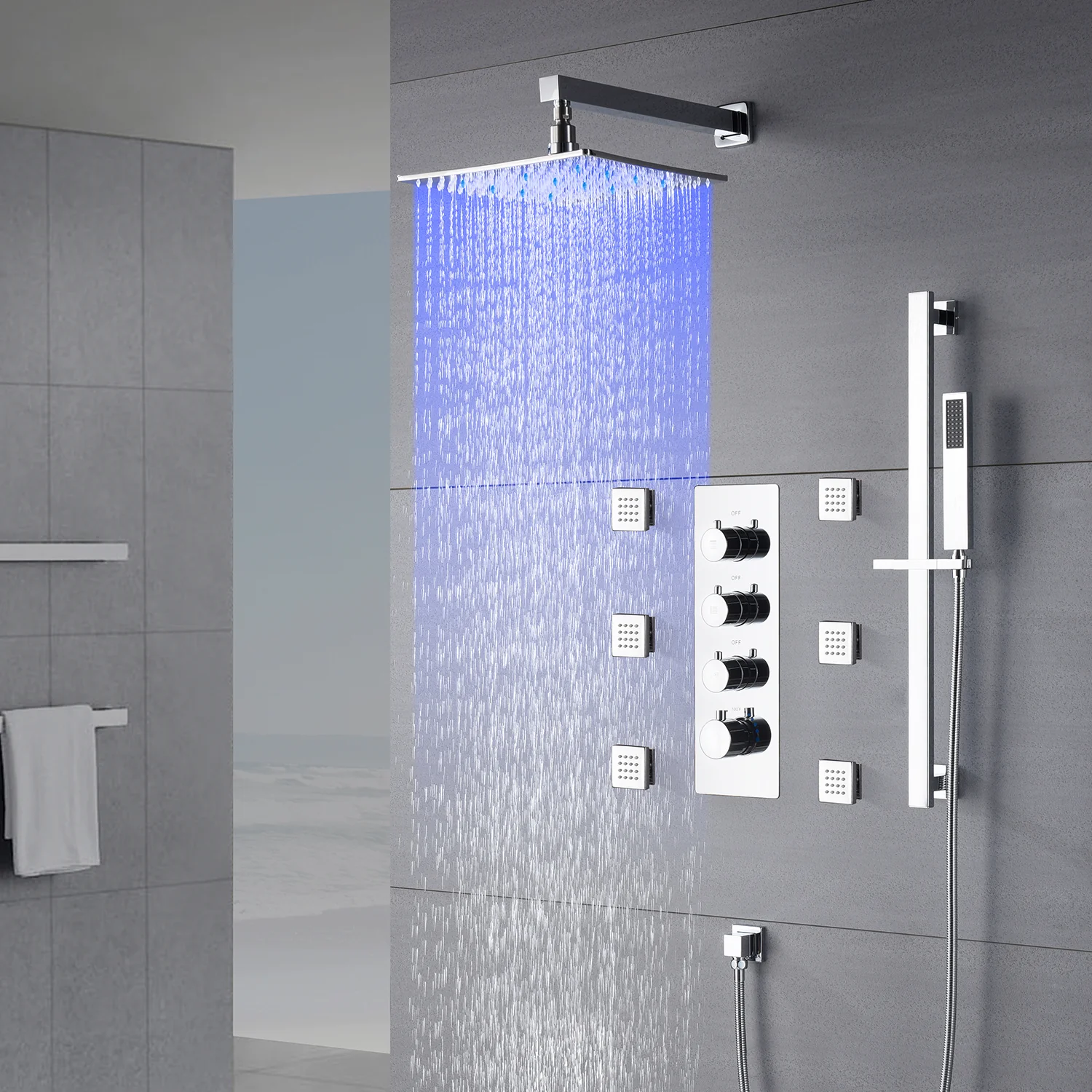 Chrome 12inch LED light or 6 inch regular head Wall mount 3 way thermostatic shower faucet with 6 body jets and sliding bar - Image 4