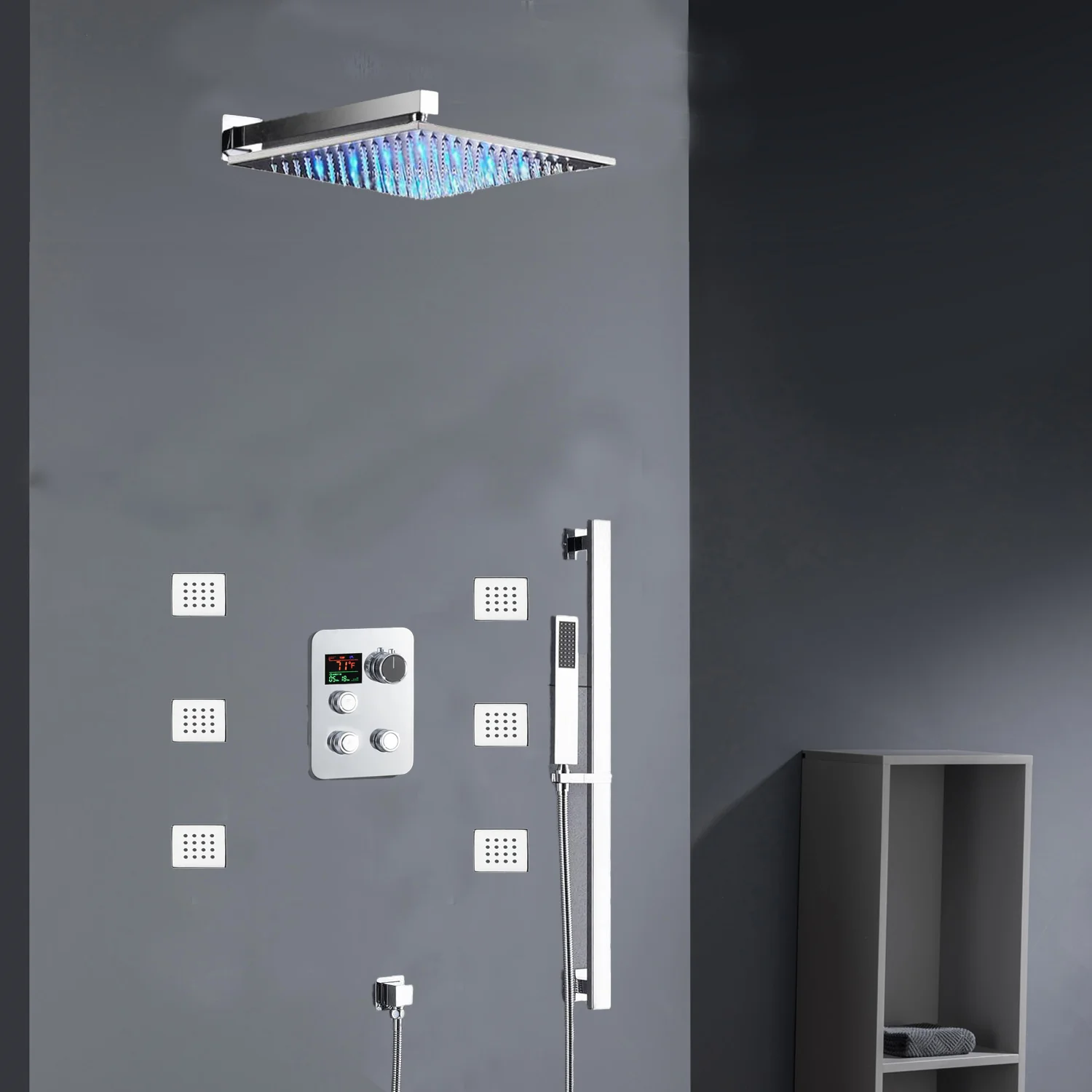 Chrome 12inch LED light or 6 inch regular head Wall mount 3 way thermostatic shower faucet with 6 body jets and sliding bar - Image 5