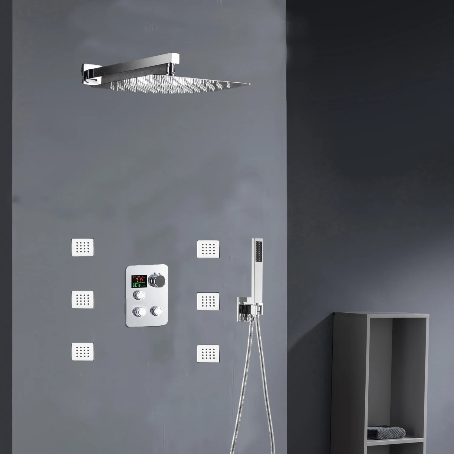Chrome 12inch LED light or 6 inch regular head Wall mount 3 way thermostatic shower faucet with 6 body jets and sliding bar - Image 6