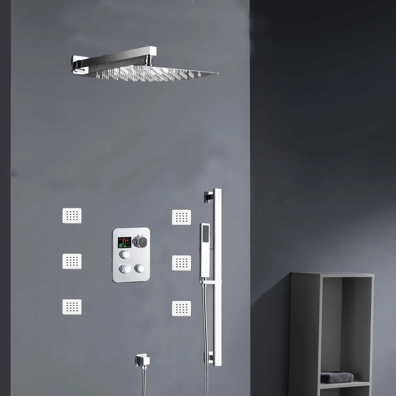 Chrome 12inch LED light or 6 inch regular head Wall mount 3 way thermostatic shower faucet with 6 body jets and sliding bar - Image 7