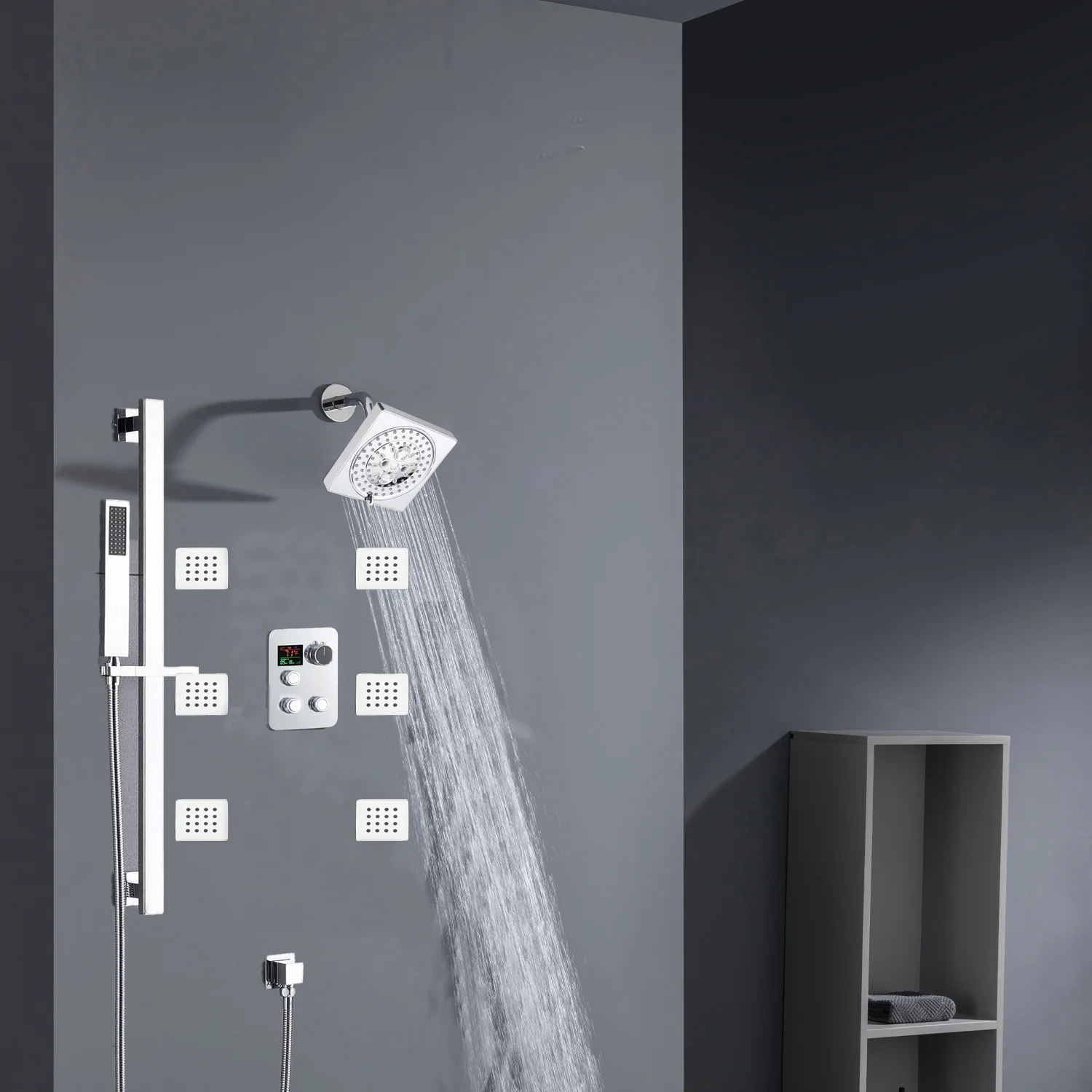 Chrome 12inch LED light or 6 inch regular head Wall mount 3 way thermostatic shower faucet with 6 body jets and sliding bar - Image 8