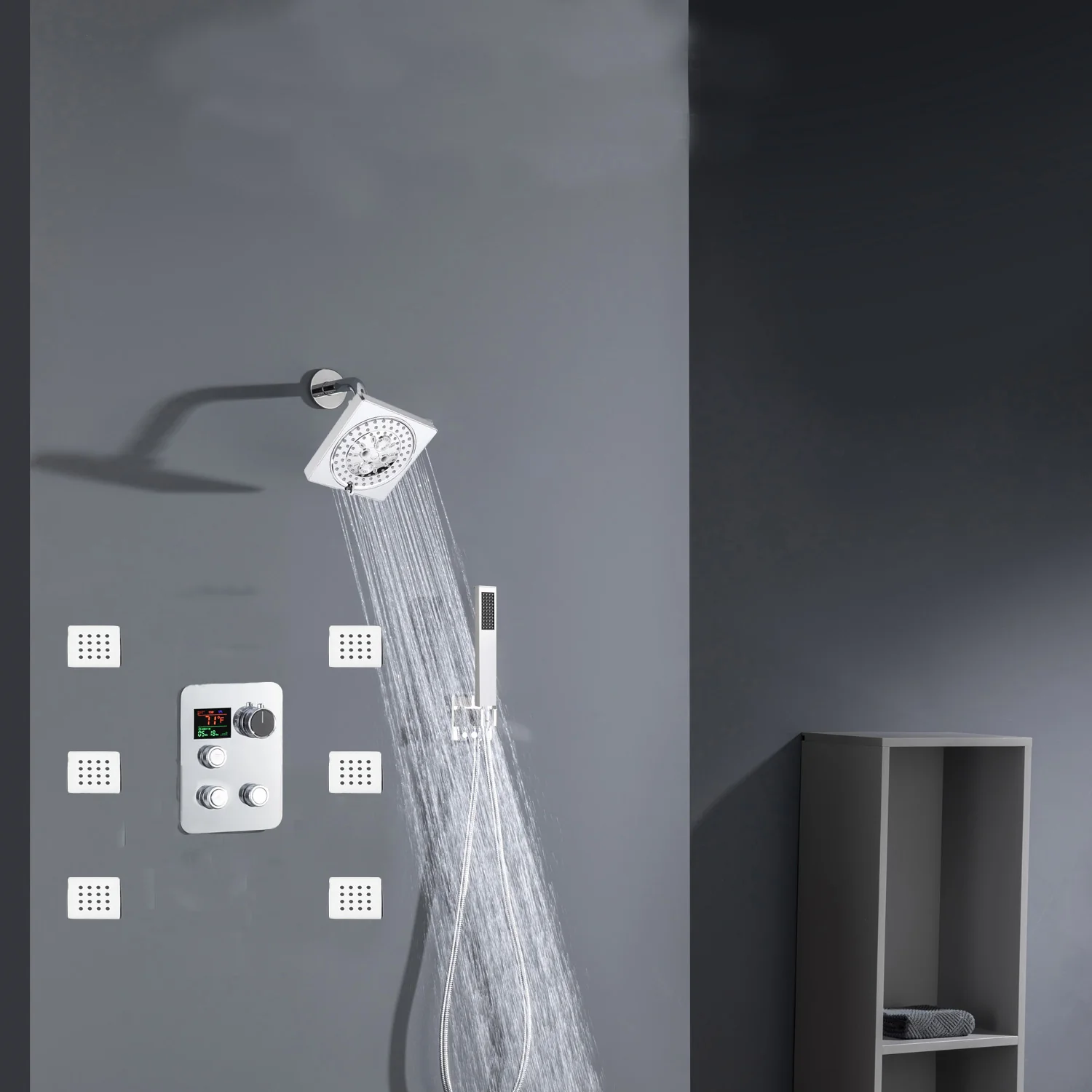 Chrome 12inch LED light or 6 inch regular head Wall mount 3 way thermostatic shower faucet with 6 body jets and sliding bar - Image 9