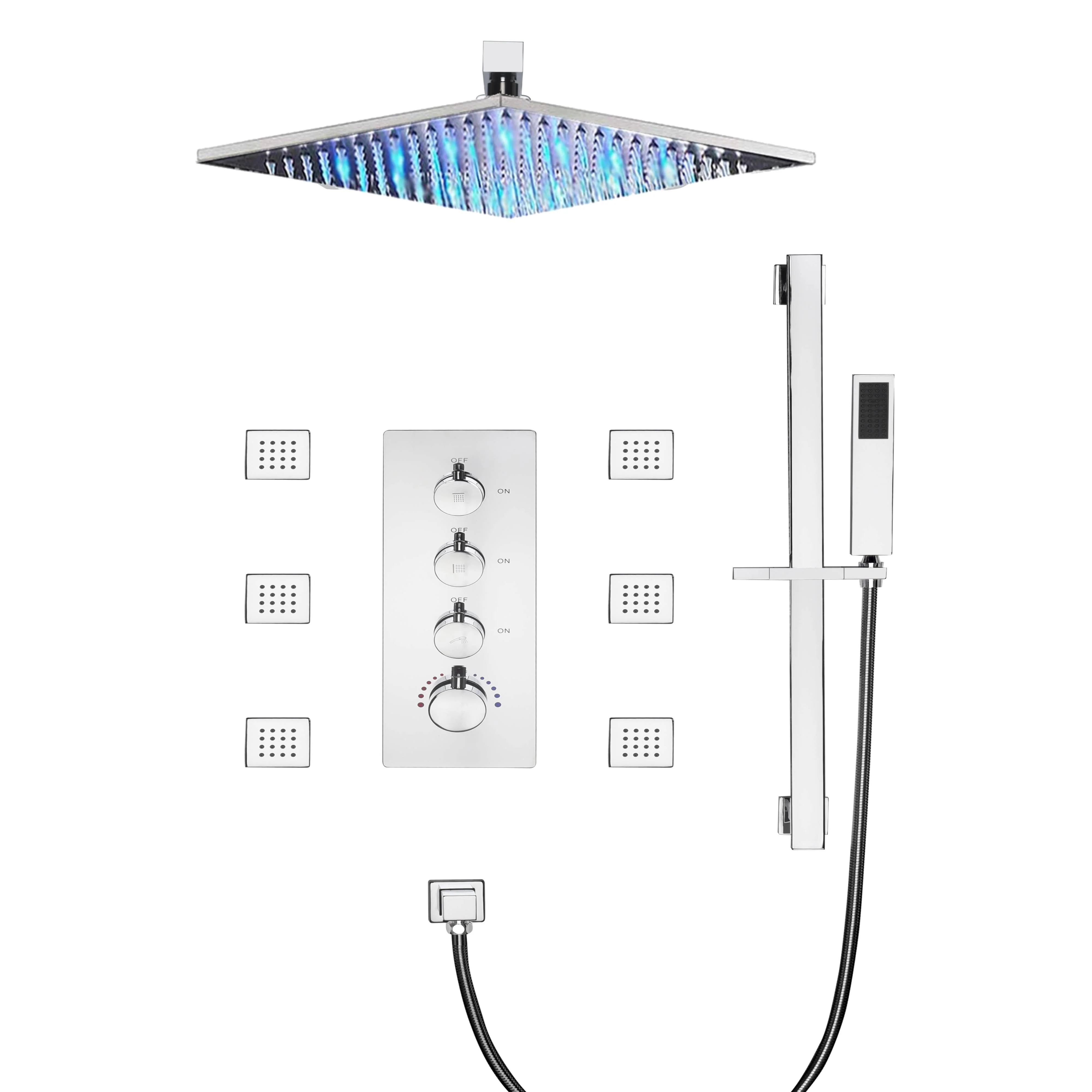 Chrome 12 inch or 16 inch LED light ceiling mount 3 way thermostatic shower faucet with 6 body jets and sliding bar - Image 3