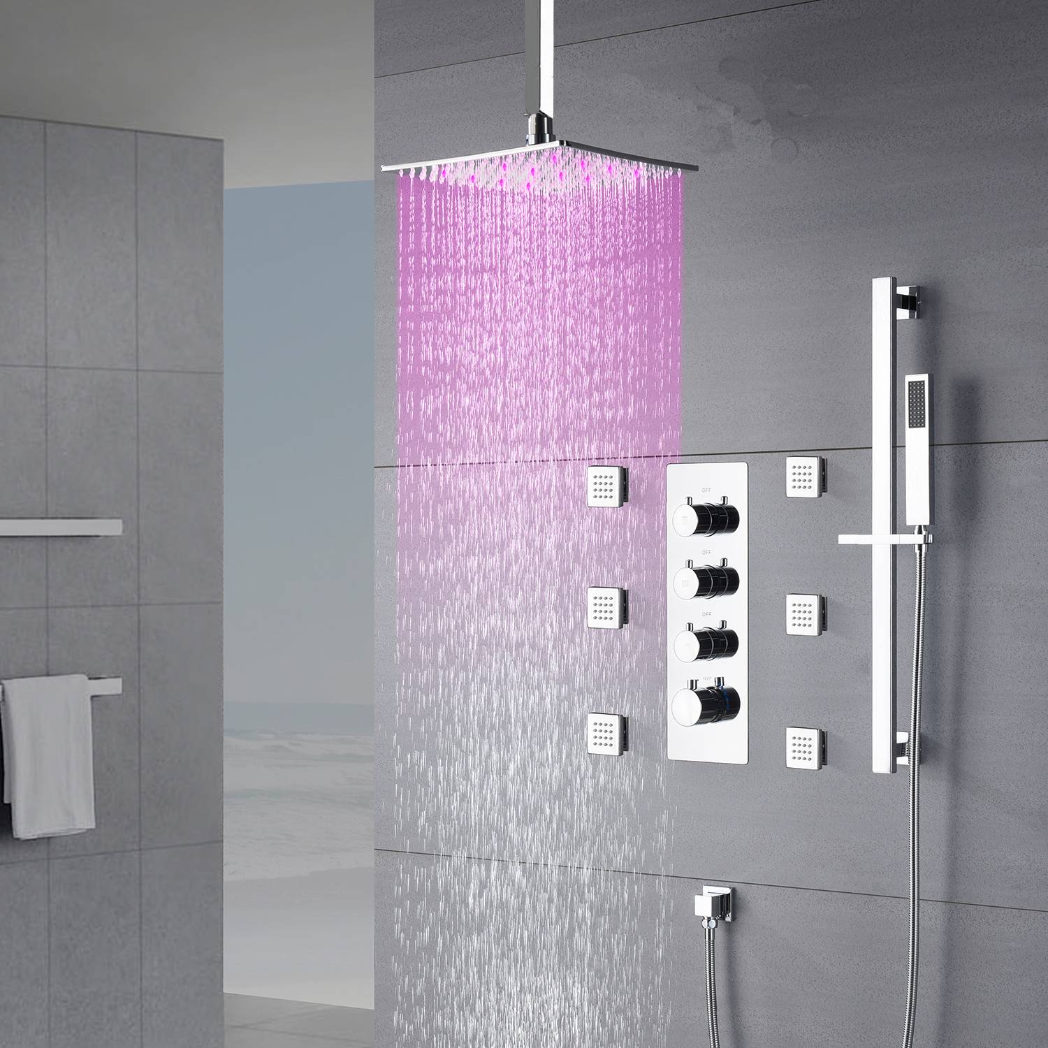 Chrome 12 inch or 16 inch LED light ceiling mount 3 way thermostatic shower faucet with 6 body jets and sliding bar - Image 4