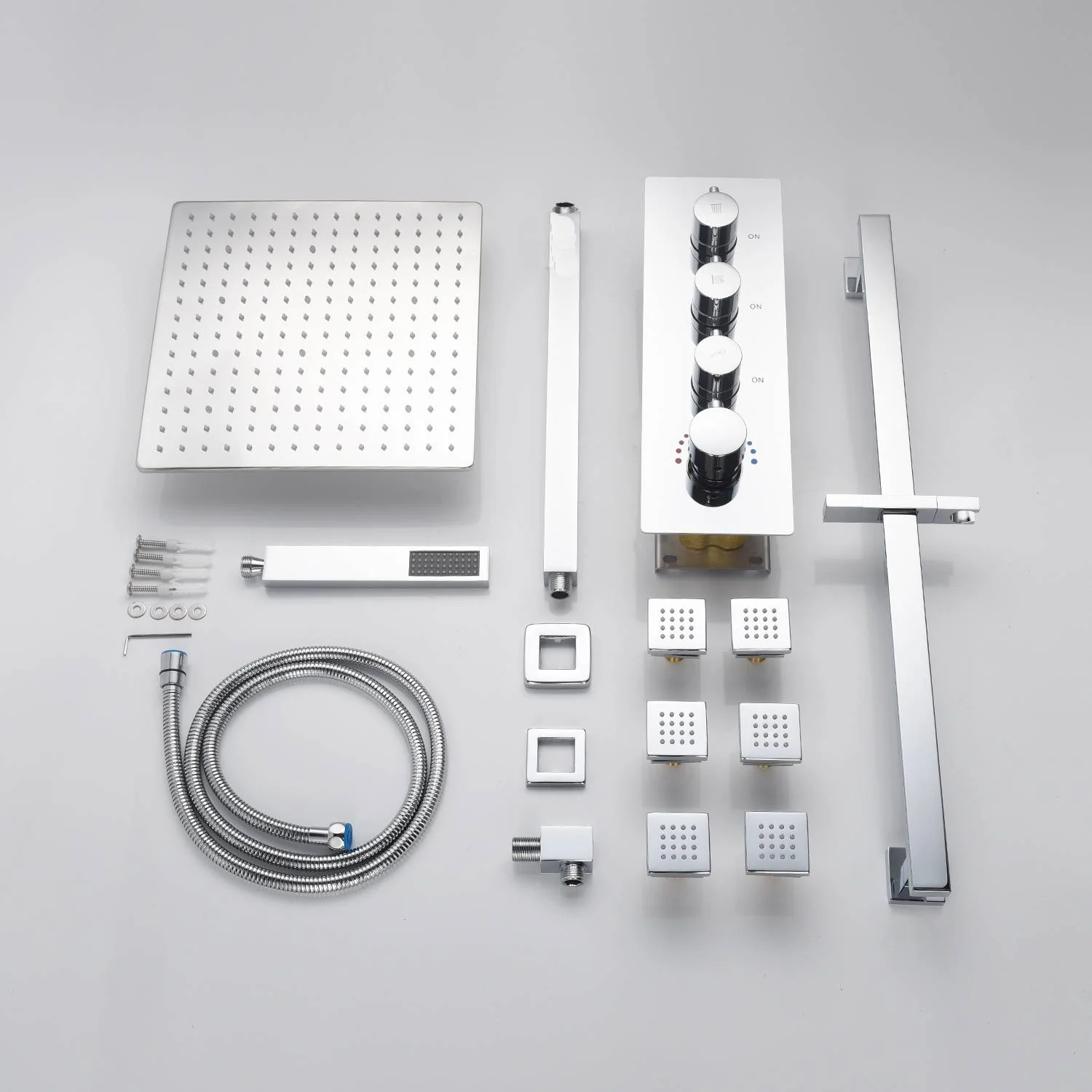 Chrome 12 inch or 16 inch LED light ceiling mount 3 way thermostatic shower faucet with 6 body jets and sliding bar - Image 7