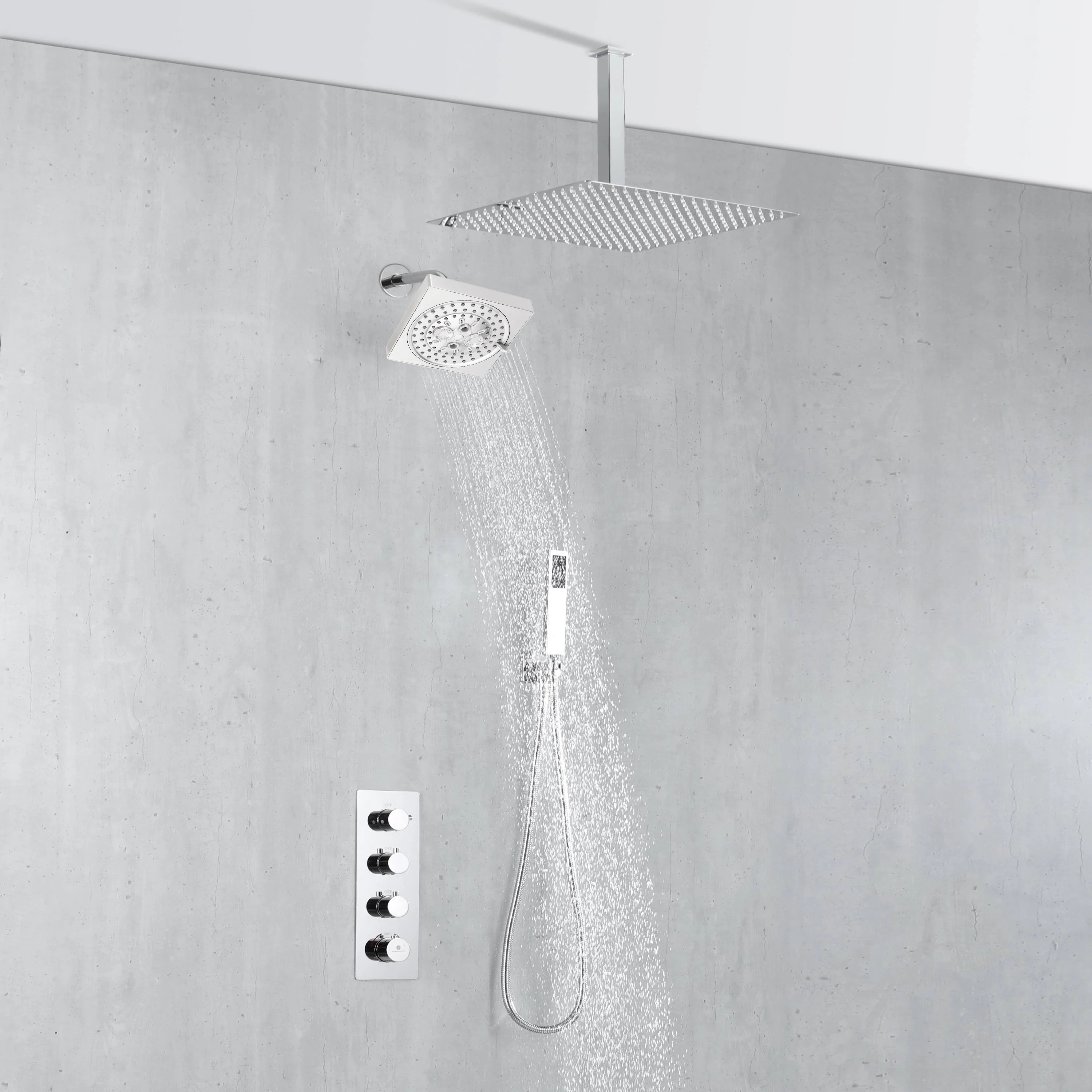 Chrome wall mount regular shower head 6inch ceiling mount LED light rainfall shower head 3 way thermostatic shower faucet each function work all together and separately - Image 2