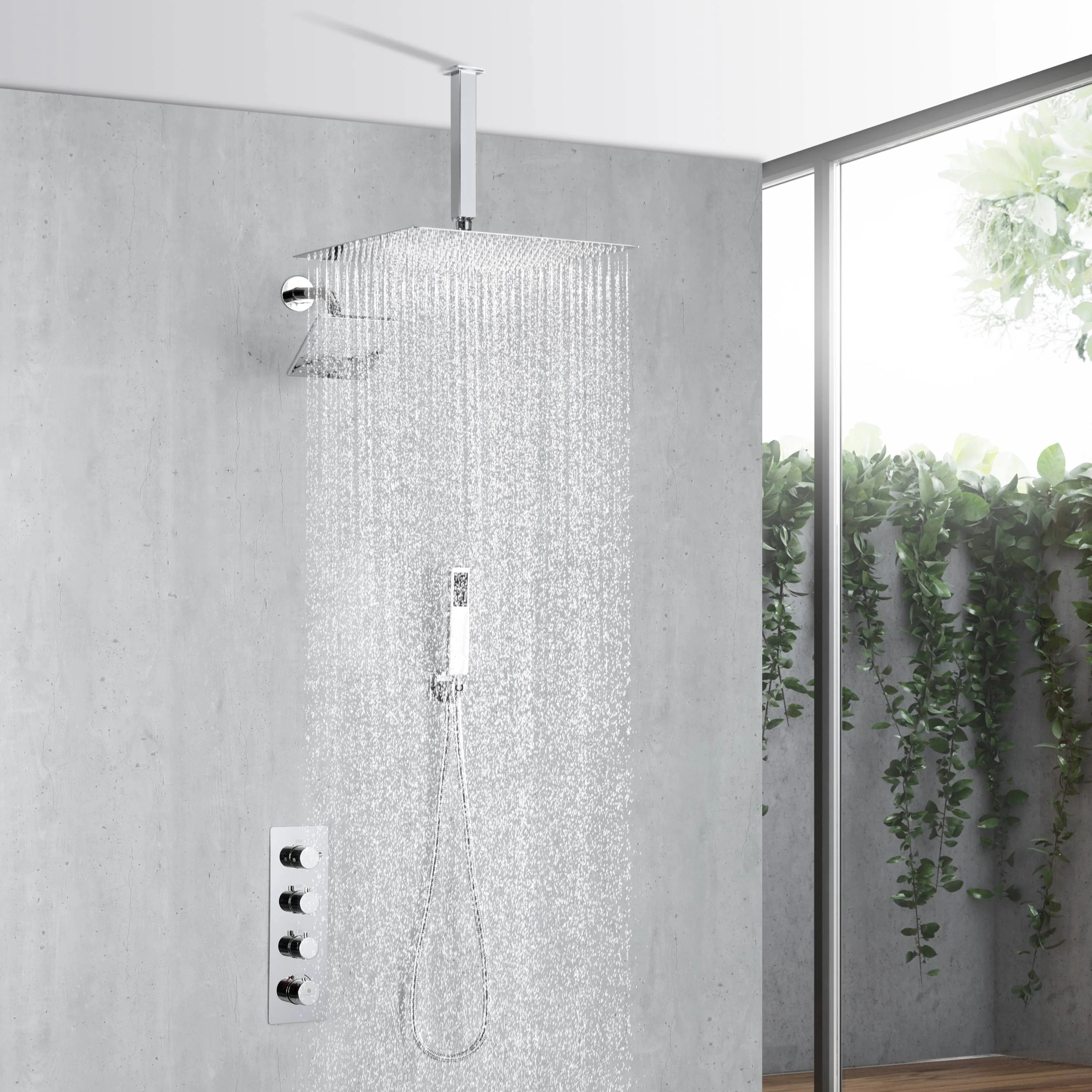 Chrome wall mount regular shower head 6inch ceiling mount LED light rainfall shower head 3 way thermostatic shower faucet each function work all together and separately - Image 3