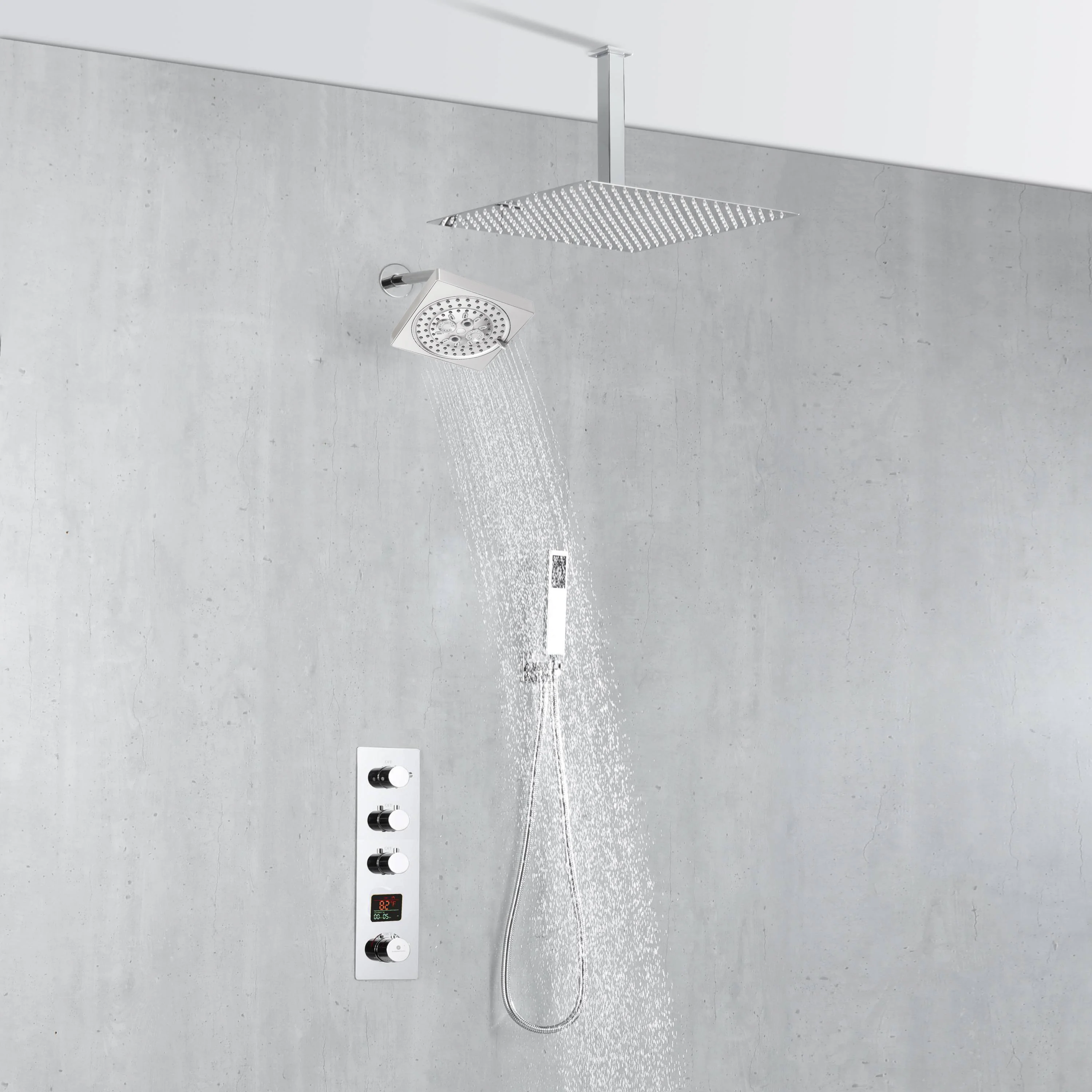 Chrome wall mount regular shower head 6inch ceiling mount LED light rainfall shower head 3 way thermostatic shower faucet each function work all together and separately - Image 4