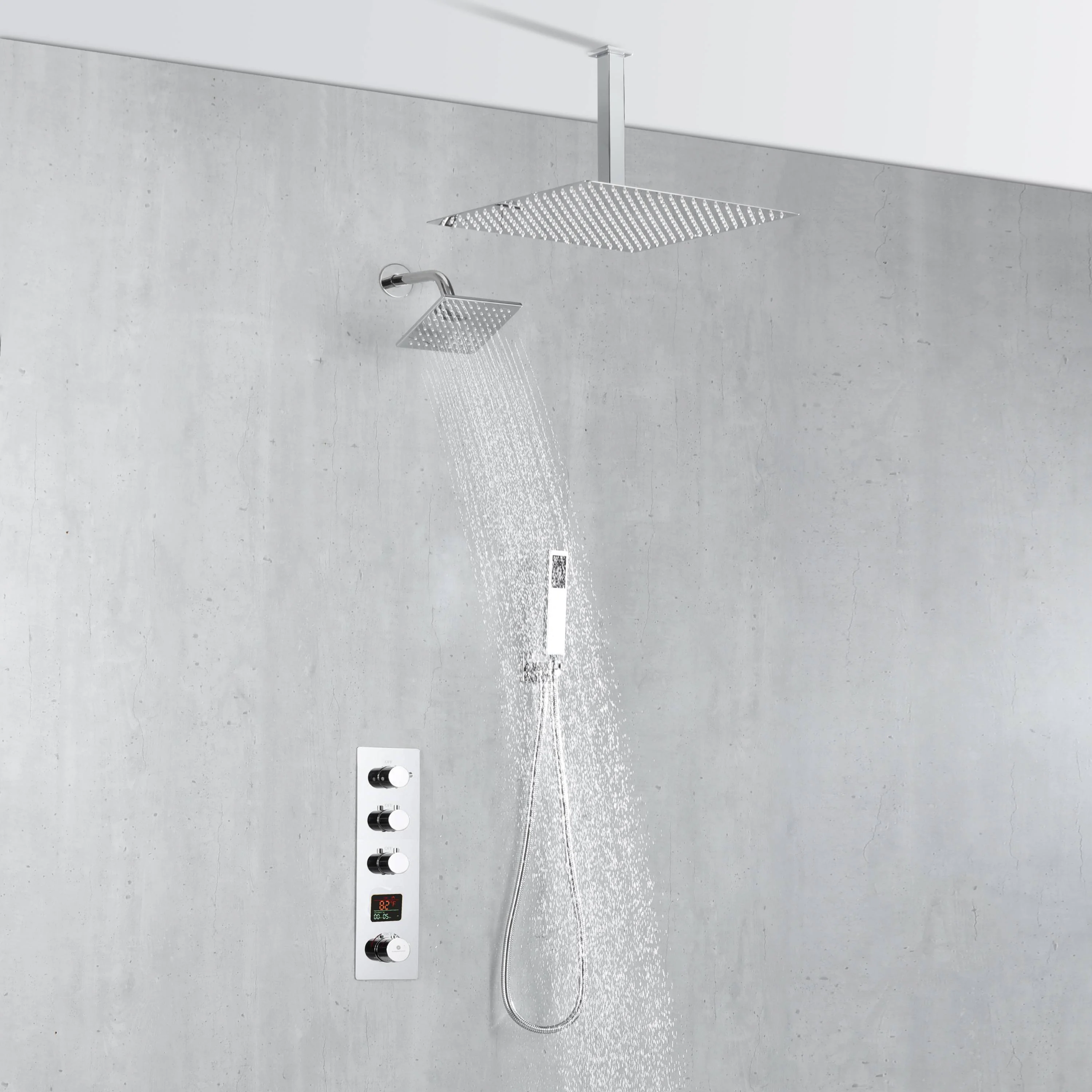 Chrome wall mount regular shower head 6inch ceiling mount LED light rainfall shower head 3 way thermostatic shower faucet each function work all together and separately - Image 5
