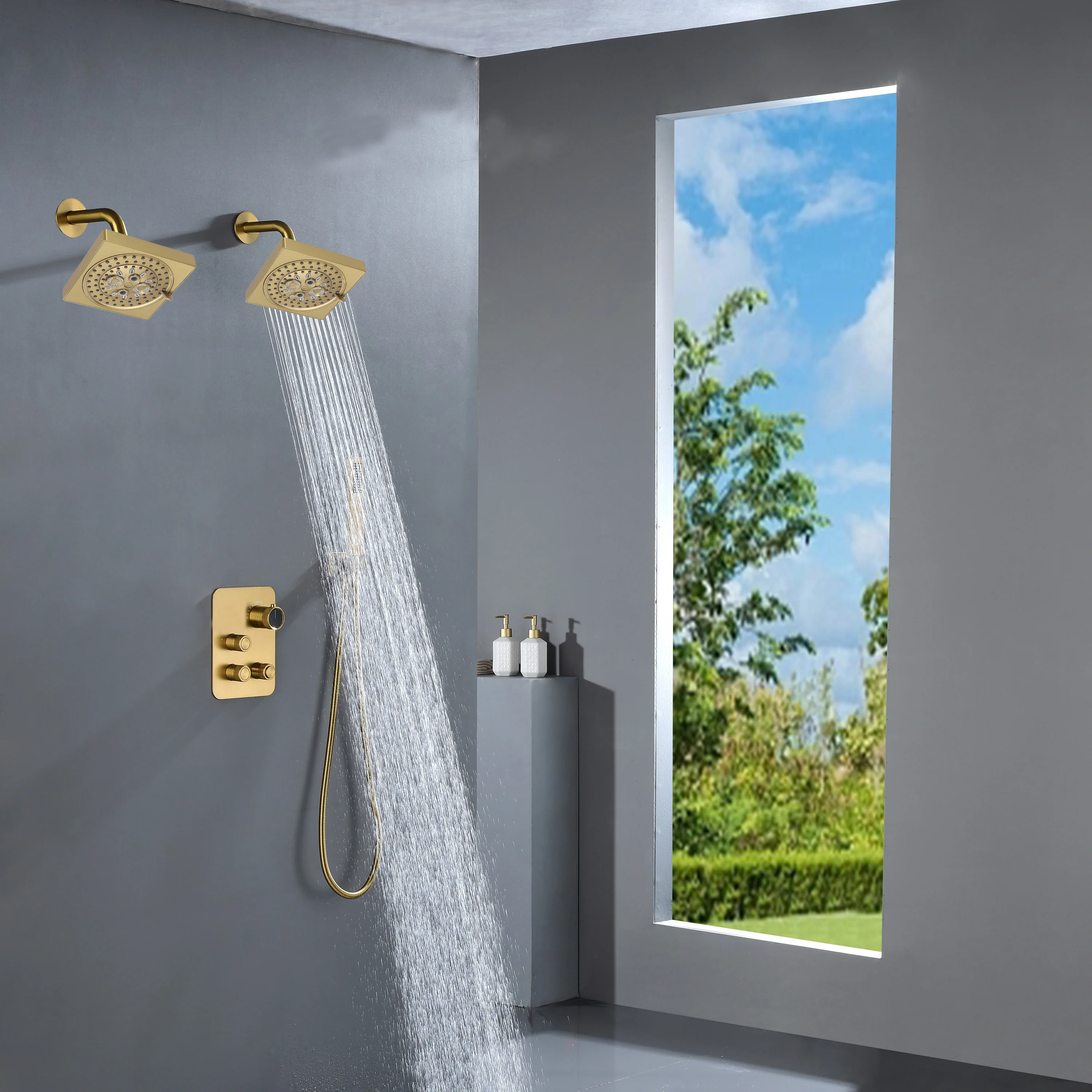 Brushed Gold Or Brushed Nickel or Matte Black or chrome or oil rubber bronze 3-Way Thermostatic Shower Valve System with Dual Regular Heads - Simultaneous or Separate Functionality - Image 10