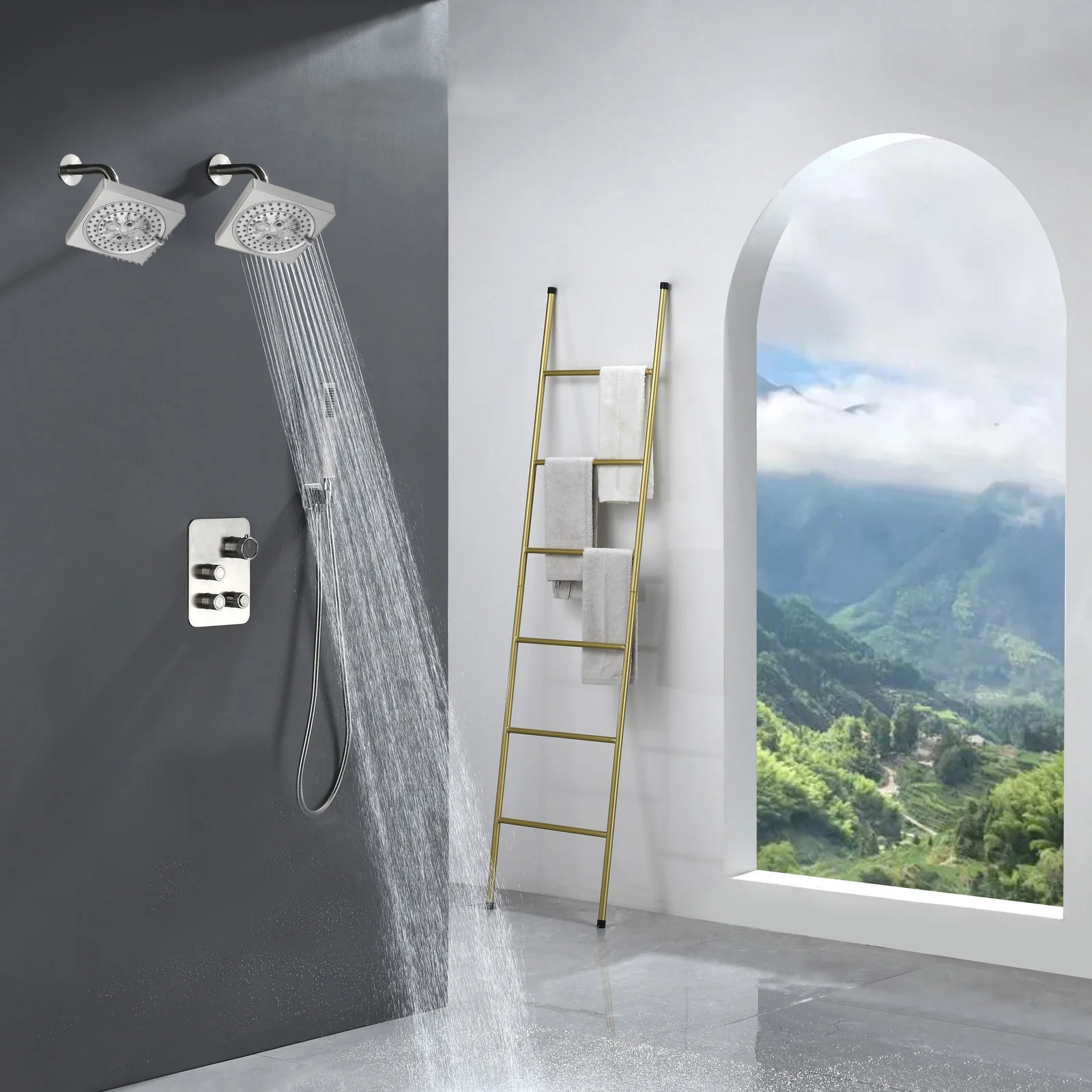 Brushed Gold Or Brushed Nickel or Matte Black or chrome or oil rubber bronze 3-Way Thermostatic Shower Valve System with Dual Regular Heads - Simultaneous or Separate Functionality - Image 16