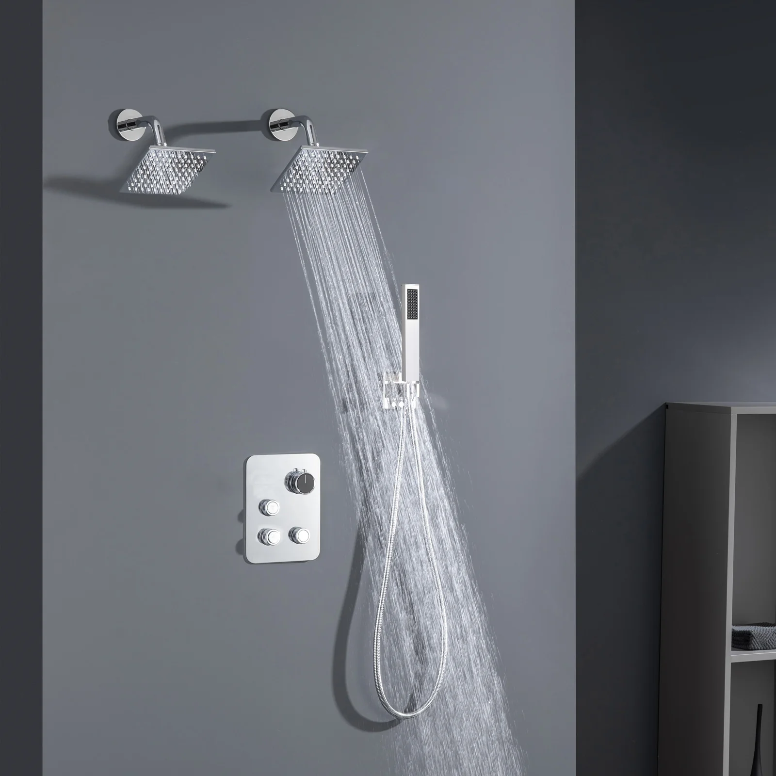 Brushed Gold Or Brushed Nickel or Matte Black or chrome or oil rubber bronze 3-Way Thermostatic Shower Valve System with Dual Regular Heads - Simultaneous or Separate Functionality - Image 20
