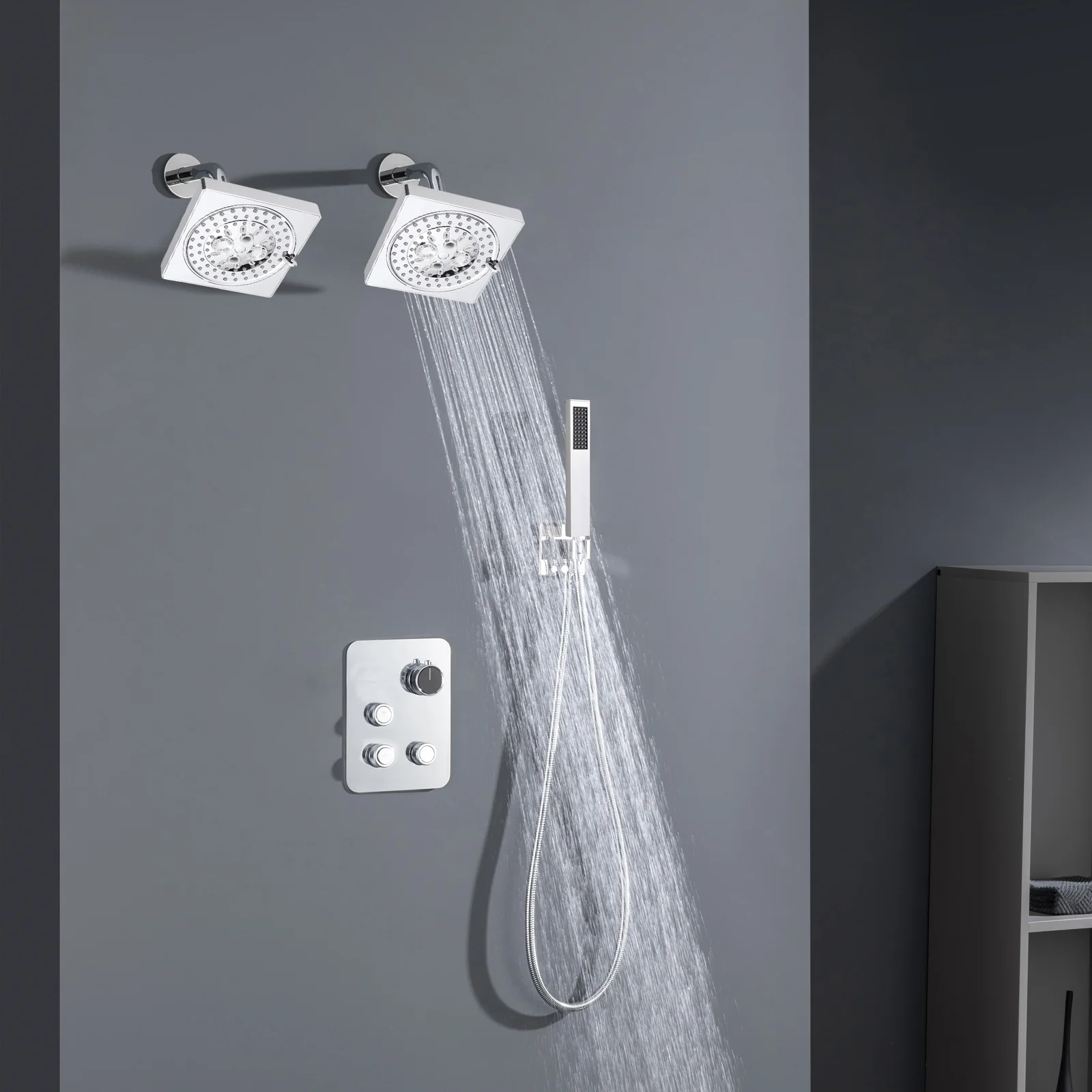 Brushed Gold Or Brushed Nickel or Matte Black or chrome or oil rubber bronze 3-Way Thermostatic Shower Valve System with Dual Regular Heads - Simultaneous or Separate Functionality - Image 21