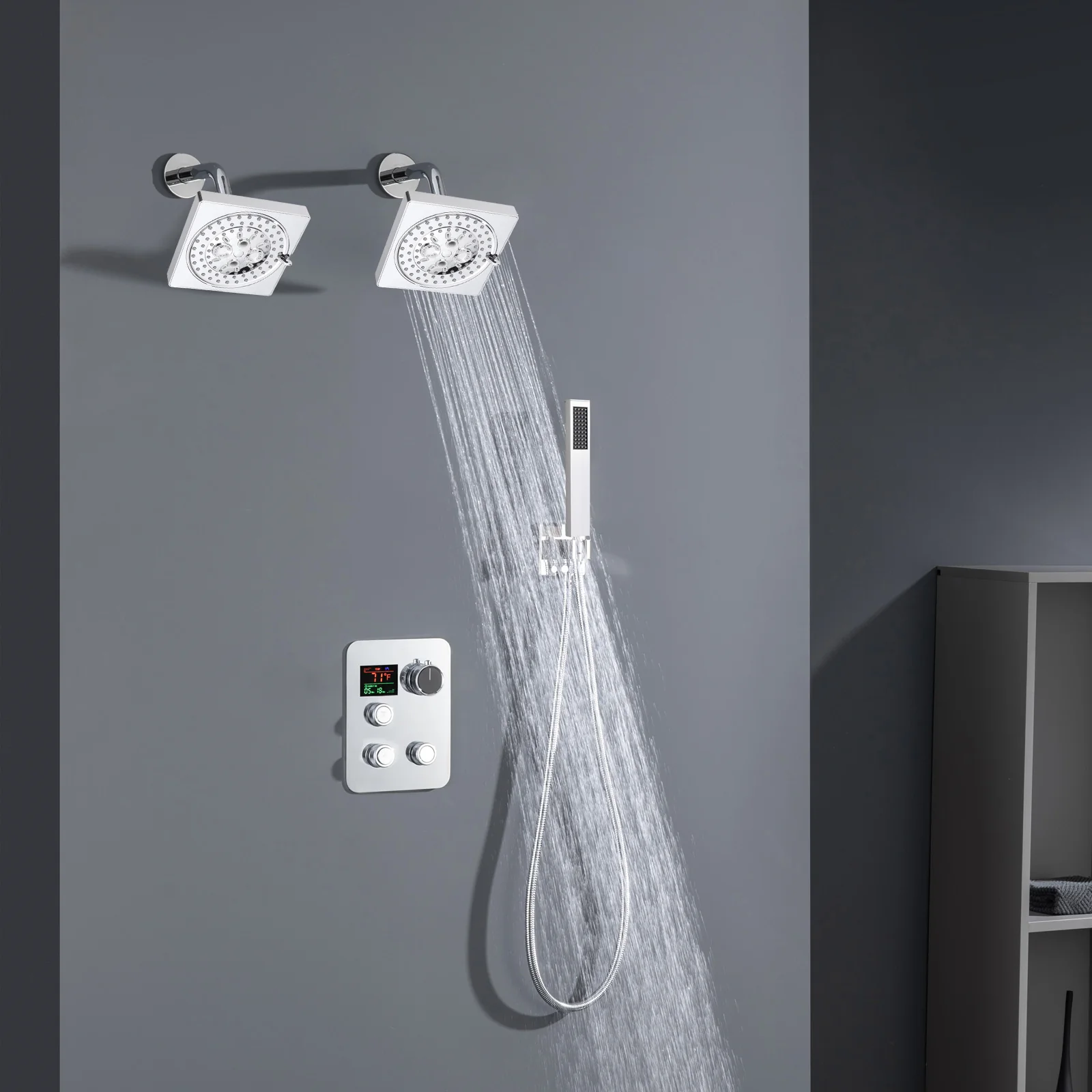 Brushed Gold Or Brushed Nickel or Matte Black or chrome or oil rubber bronze 3-Way Thermostatic Shower Valve System with Dual Regular Heads - Simultaneous or Separate Functionality - Image 22