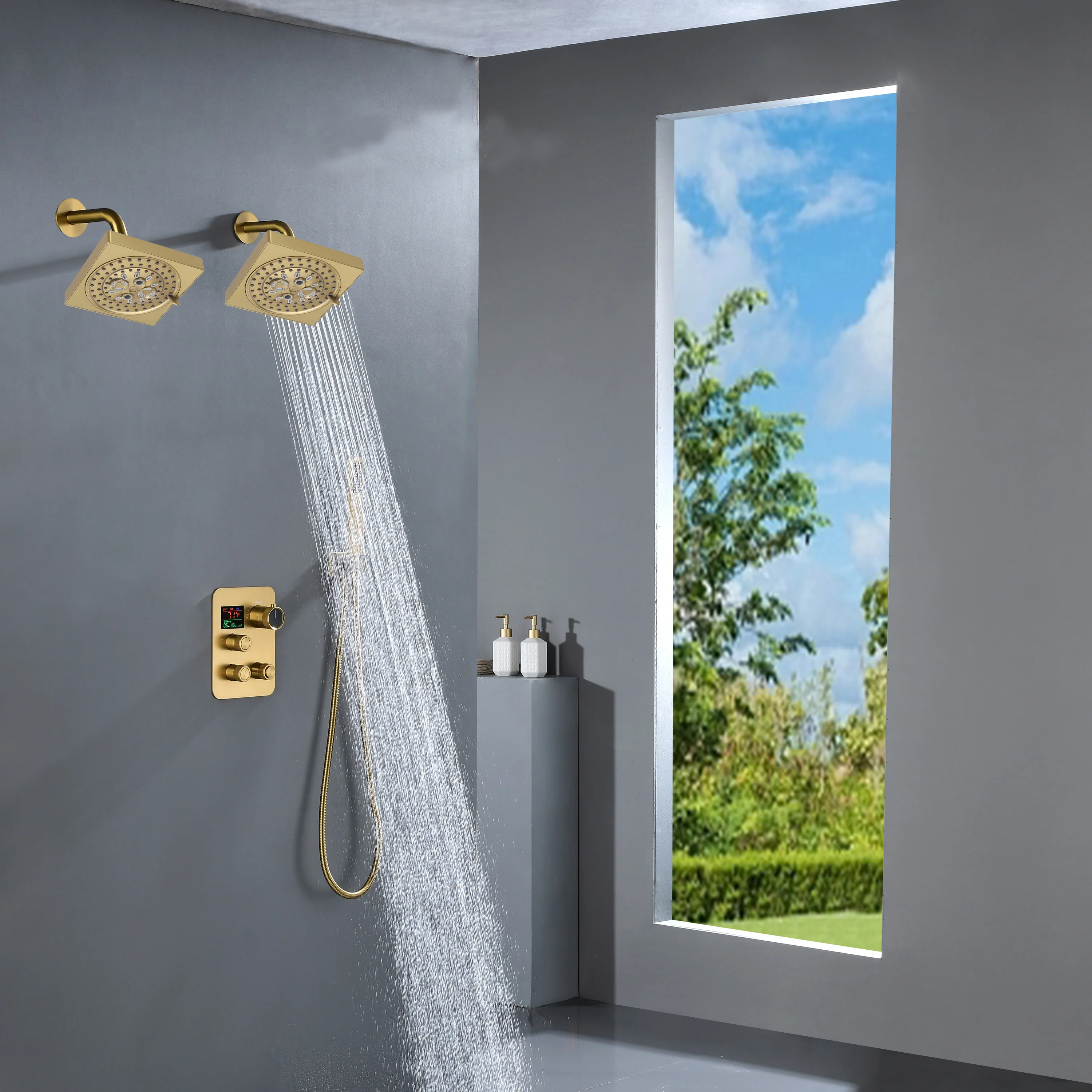 Brushed Gold Or Brushed Nickel or Matte Black or chrome or oil rubber bronze 3-Way Thermostatic Shower Valve System with Dual Regular Heads - Simultaneous or Separate Functionality - Image 9