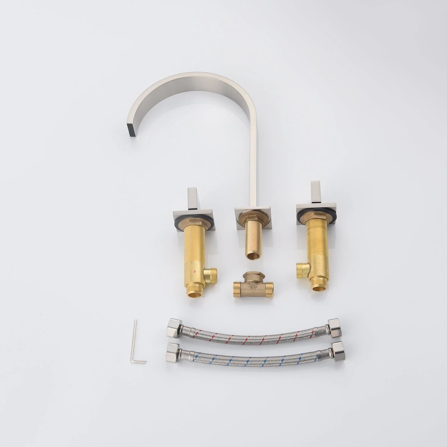 Brushed Nickel Waterfall Widespread Bathroom Basin Faucet with Two Handles and Overflow Brass Pop-Up Drain - Image 3