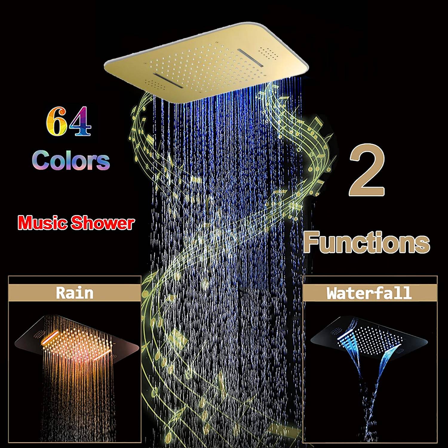 Elegant Gold 23x15 inch LED Music Shower Head with 4-Way Thermostatic Faucet With Regular Head for Simultaneous and Independent Operation - Image 3