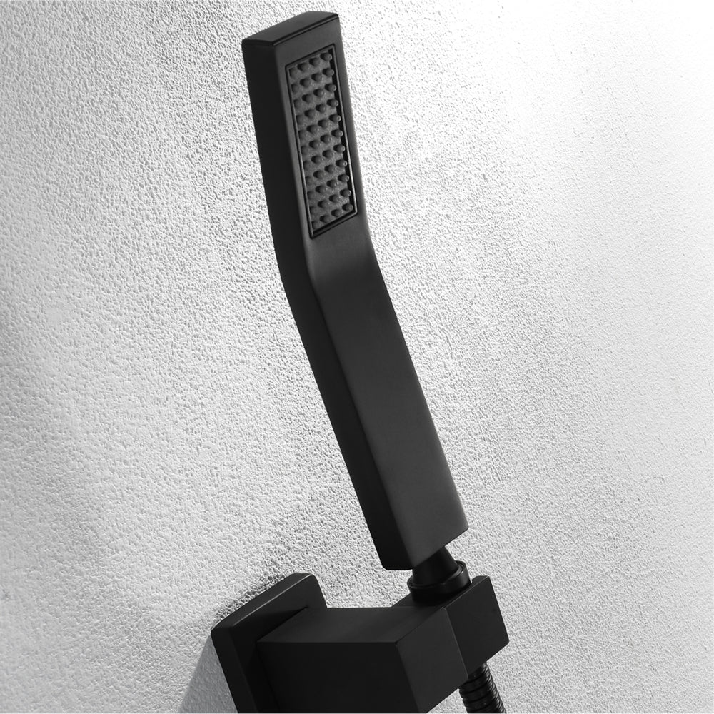 Flush in 31" Bluetooth music 64 LED colors light Matte Black 6 Functions thermostatic shower faucet with 3 regular heads and 6 body jets - Image 8